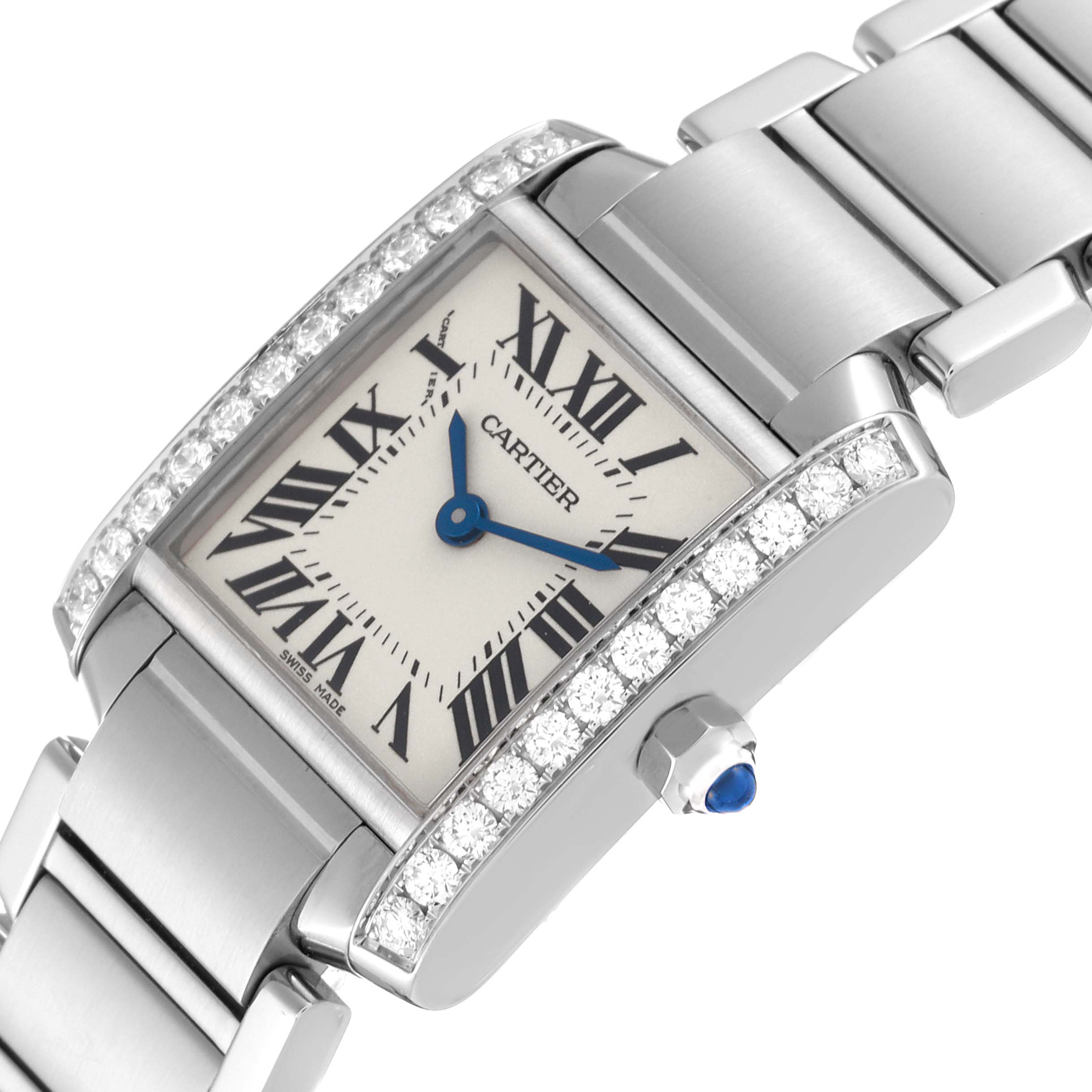 This image shows a close-up of the Cartier Tank Francaise W4TA0008 Women's Stainless Steel Silver Dial W4TA0008 Women's Stainless Steel Silver Dial watch, highlighting the face, Roman numerals, blue hands, and diamond-studded case.