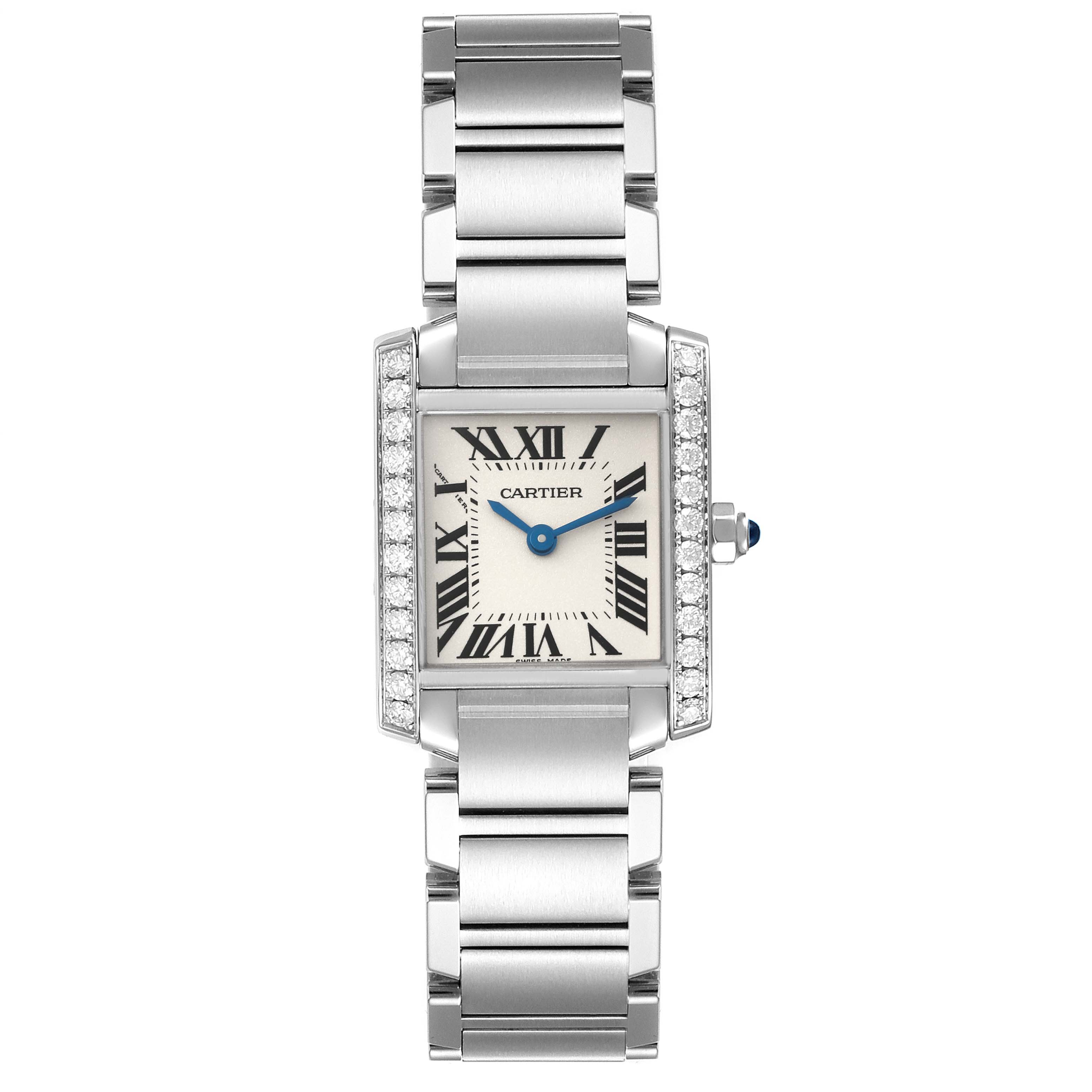 The image shows a front view of a Tank Francaise model by Cartier, displaying its rectangular face, Roman numerals, and metal bracelet.