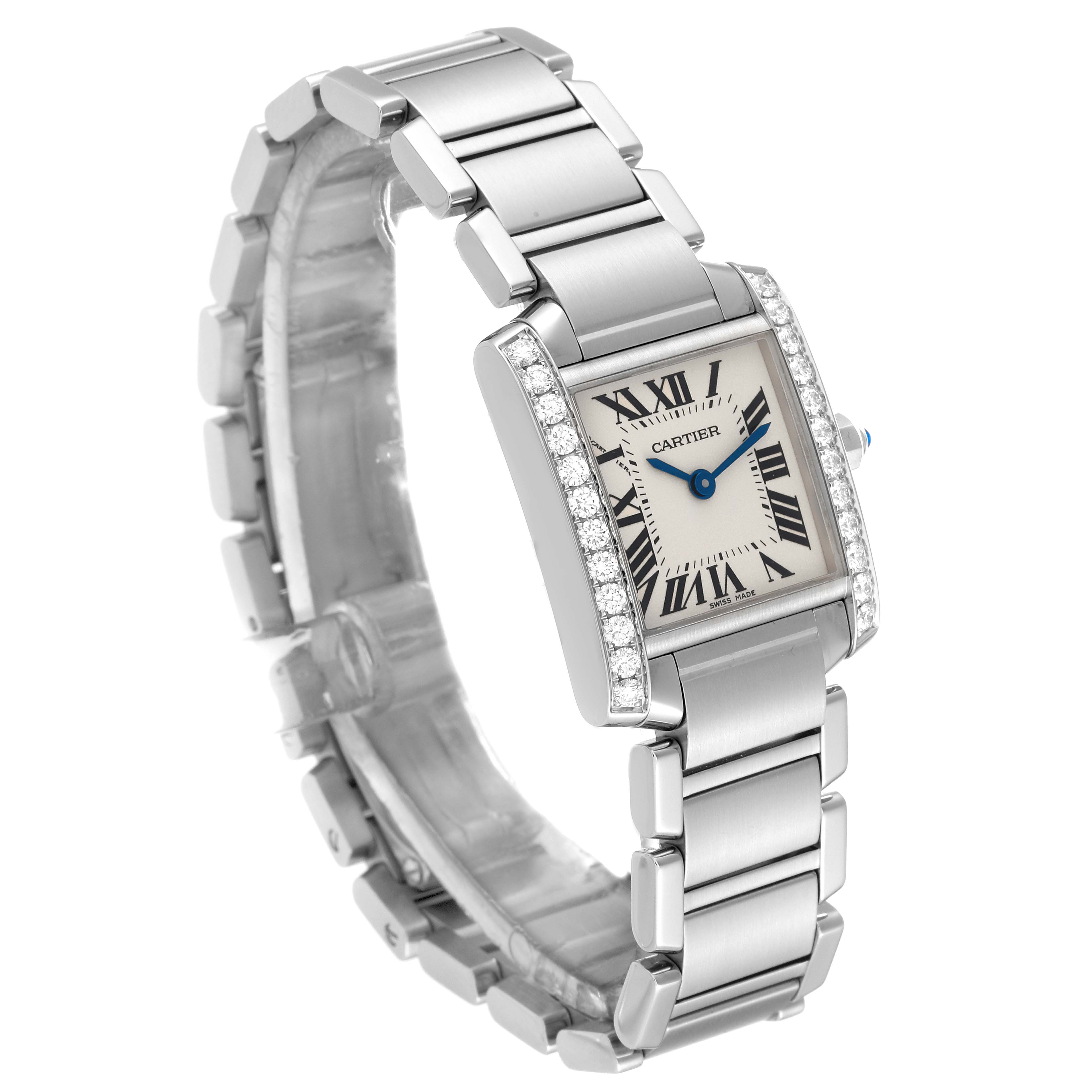 The image shows a Cartier Tank Francaise W4TA0008 Women's Stainless Steel Silver Dial W4TA0008 Women's Stainless Steel Silver Dial watch at an angle, highlighting its bracelet and diamond-encrusted case.