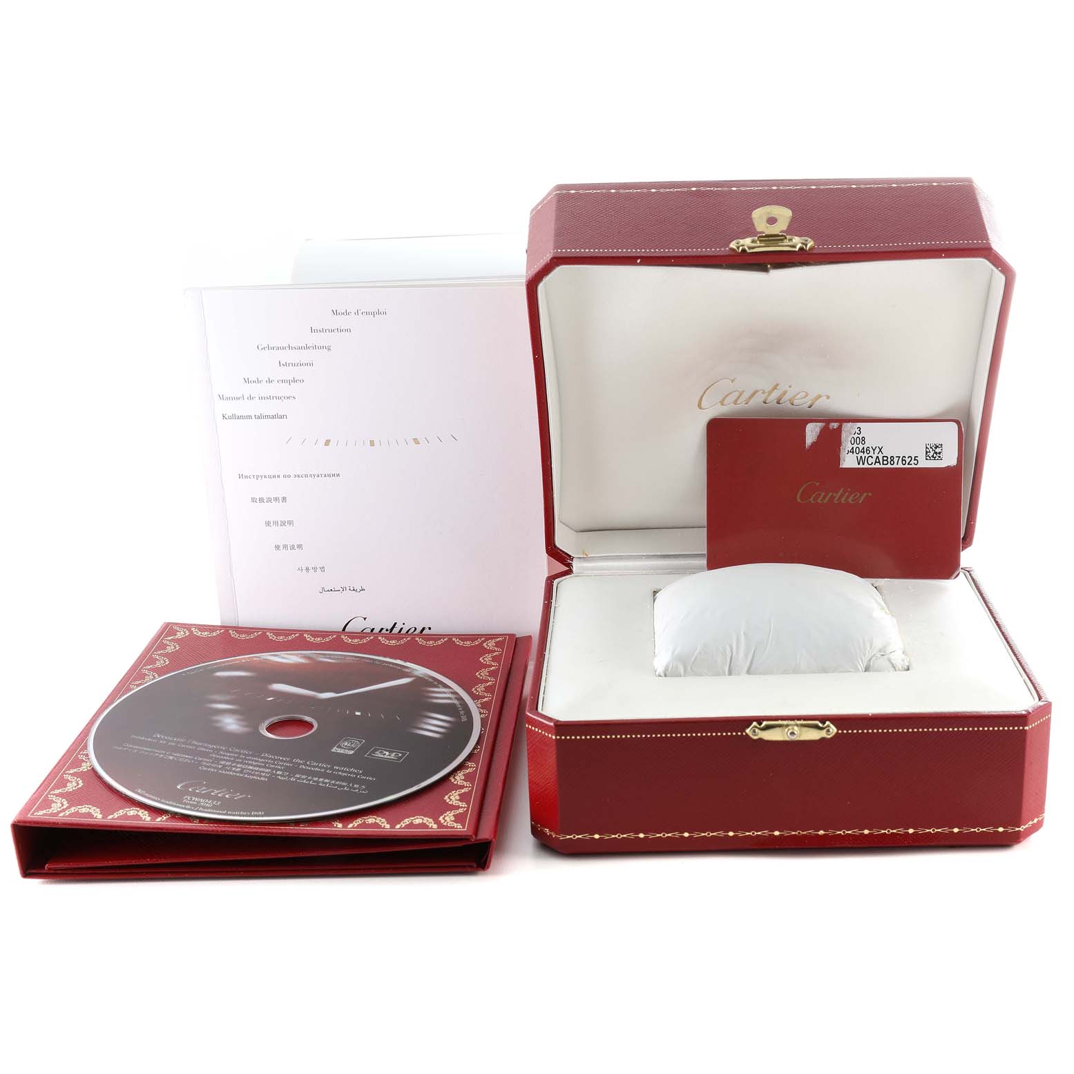 The image shows the packaging and accessories for the Cartier Tank Française watch, including the box, manual, pillow, and card.