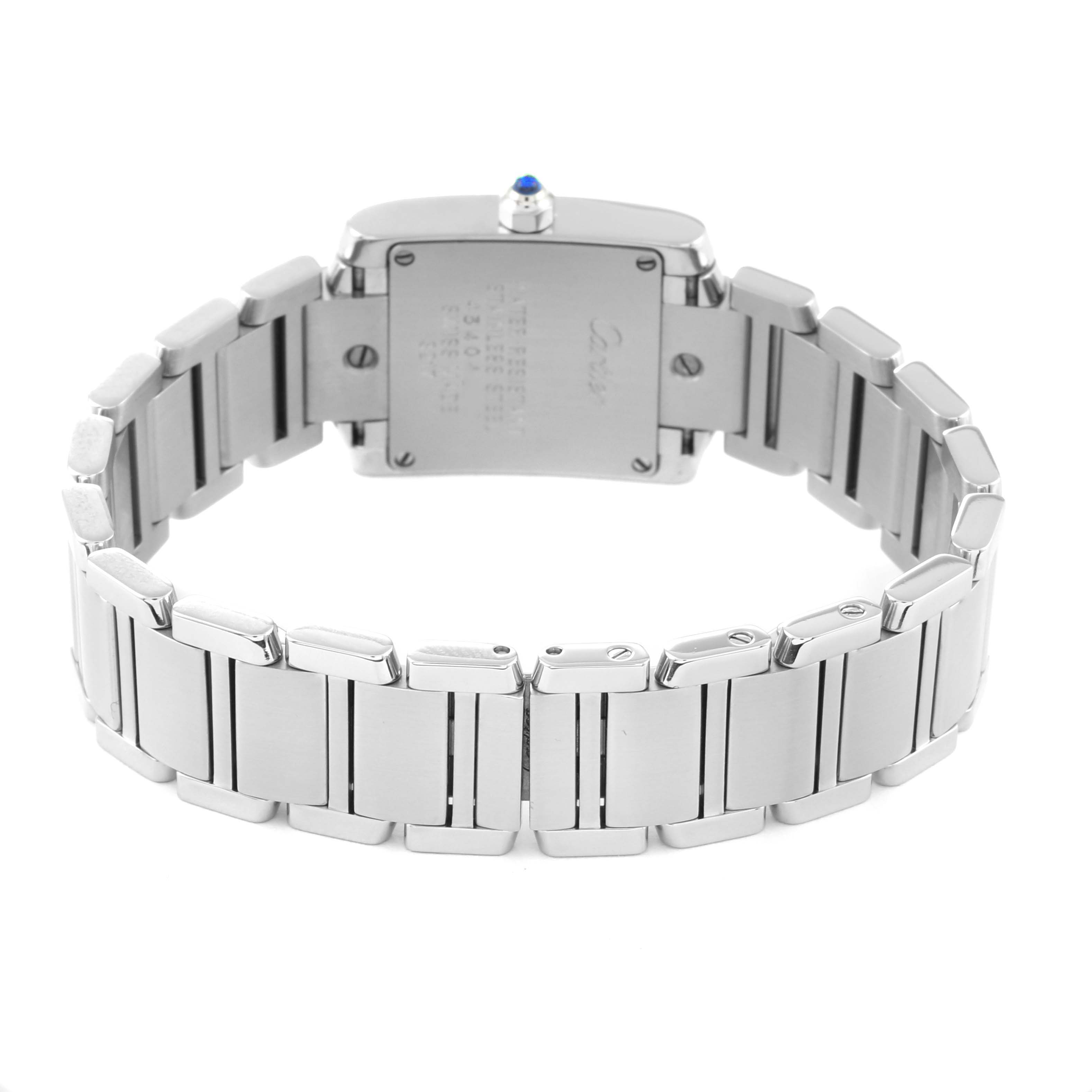 The image shows the rear view of a Cartier Tank Francaise W4TA0008 Women's Stainless Steel Silver Dial W4TA0008 Women's Stainless Steel Silver Dial watch, highlighting its stainless steel bracelet and case back.