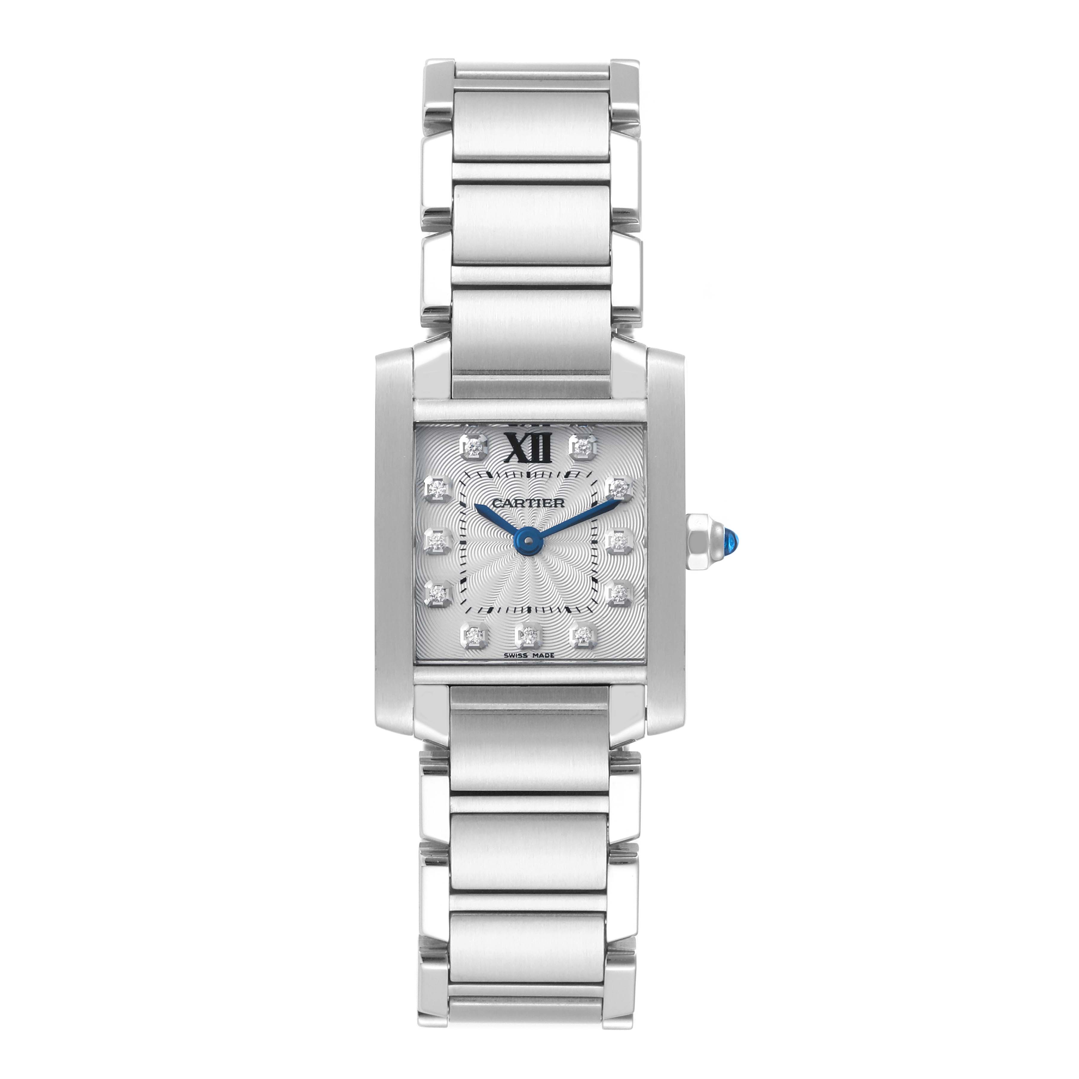 This image shows a front view of the Cartier Tank Française watch, highlighting its face, hour markers, hands, and metal bracelet.