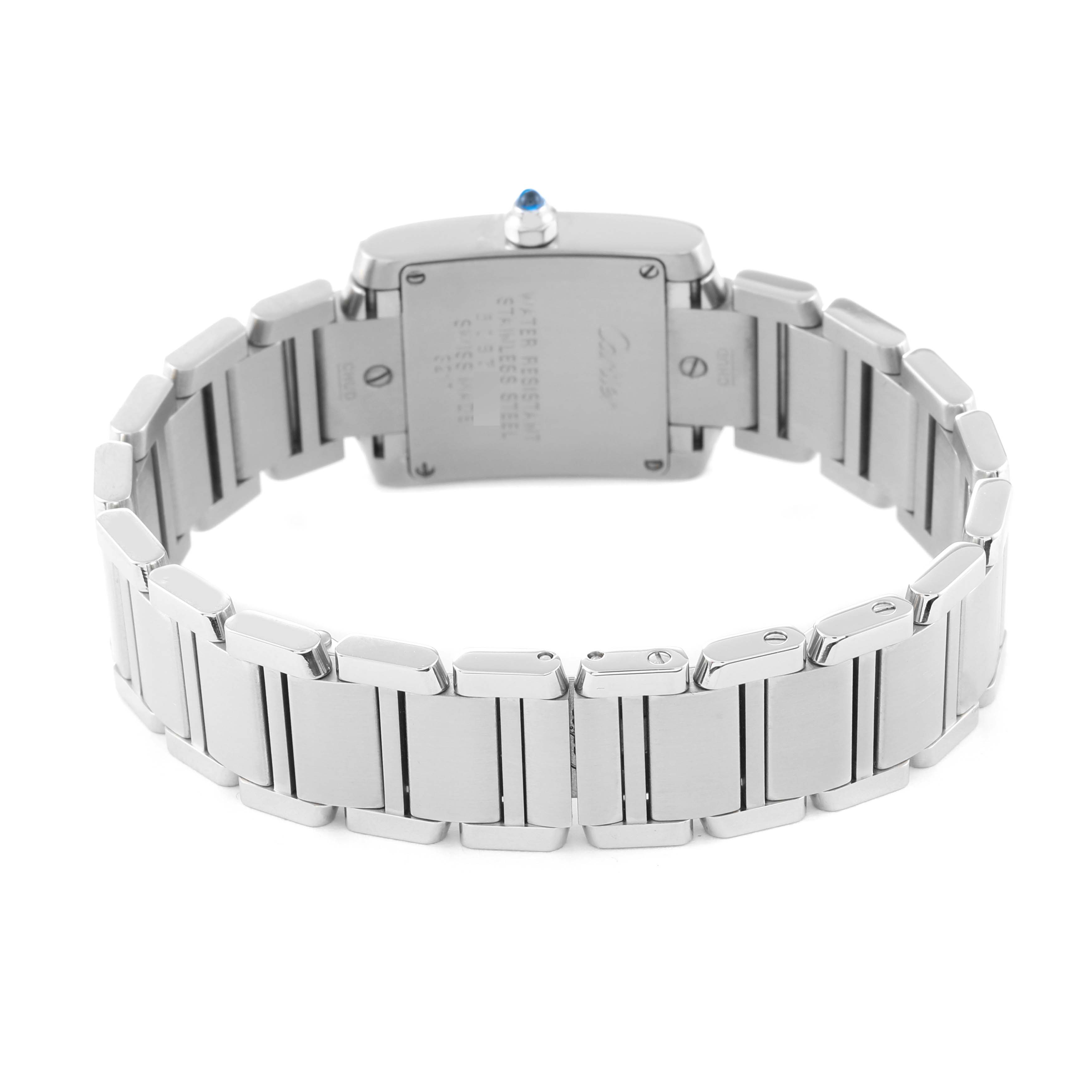 The image shows the backside of the Cartier Tank Francaise WE110006 Women's Stainless Steel Silver Dial WE110006 Women's Stainless Steel Silver Dial watch, highlighting the case and metal bracelet.