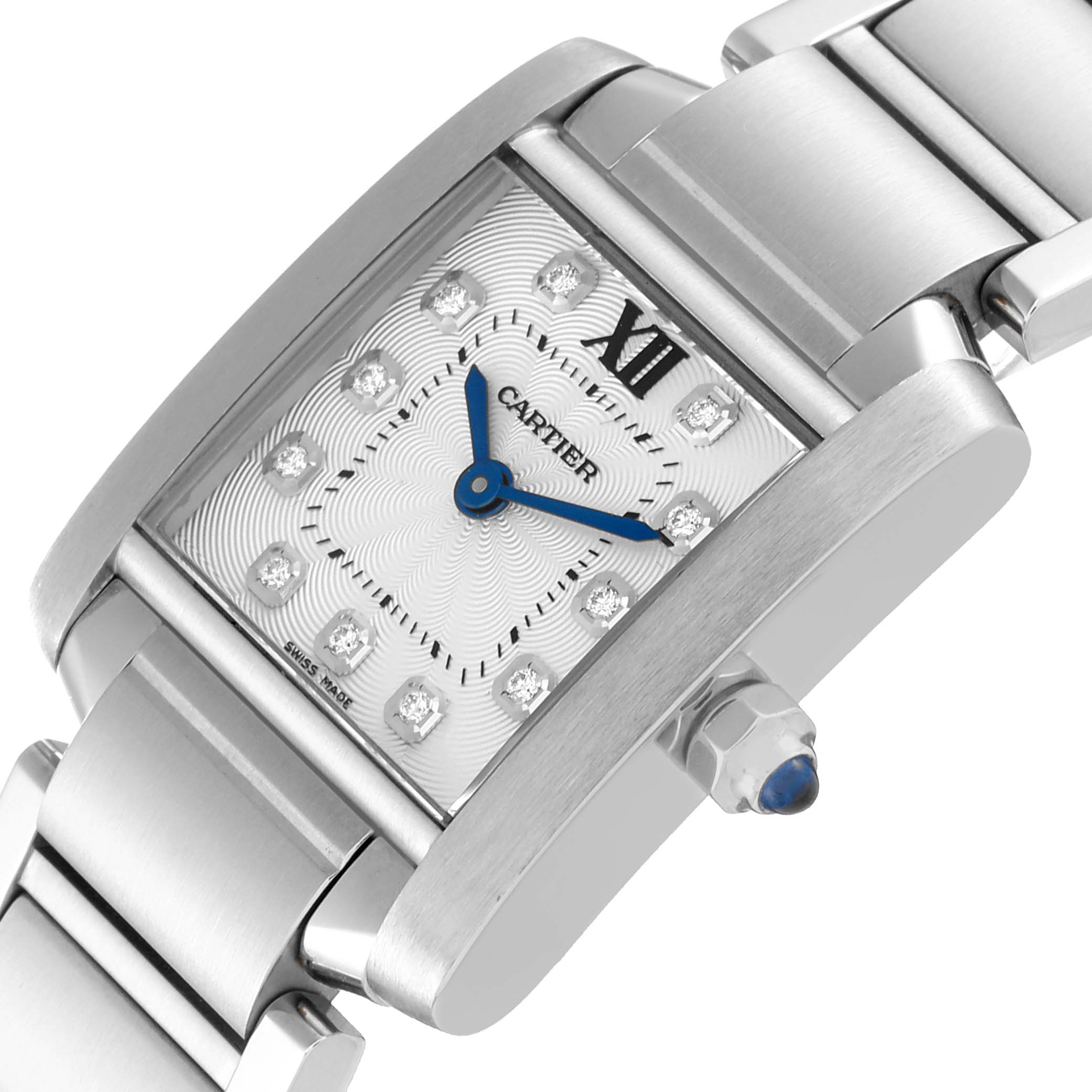 The image shows a close-up angle of the Cartier Tank Française watch, highlighting its face, blue hands, and part of the bracelet.