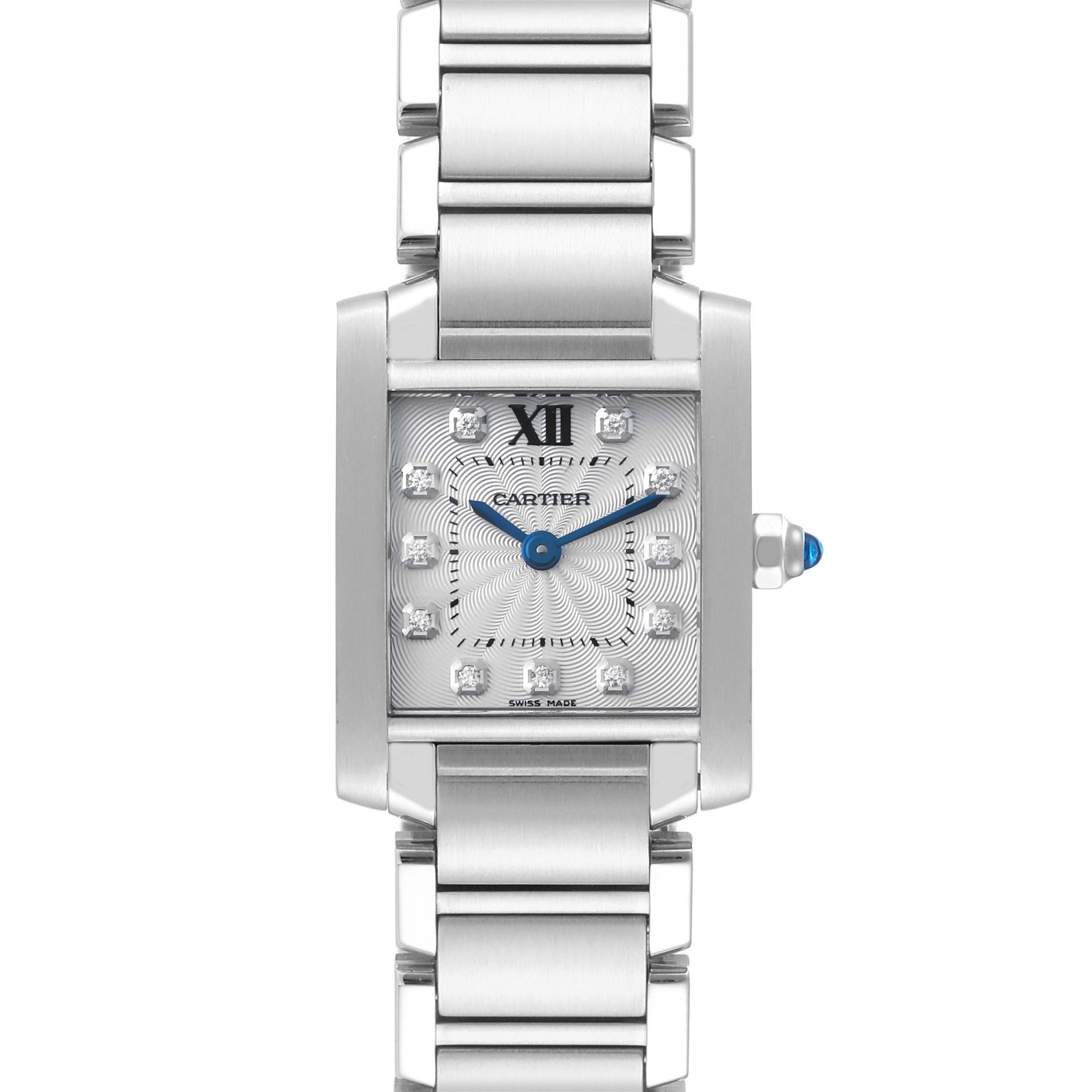 The Cartier Tank Francaise WE110006 Women's Stainless Steel Silver Dial WE110006 Women's Stainless Steel Silver Dial watch is shown from a top-down angle, displaying the face, case, and part of the bracelet.