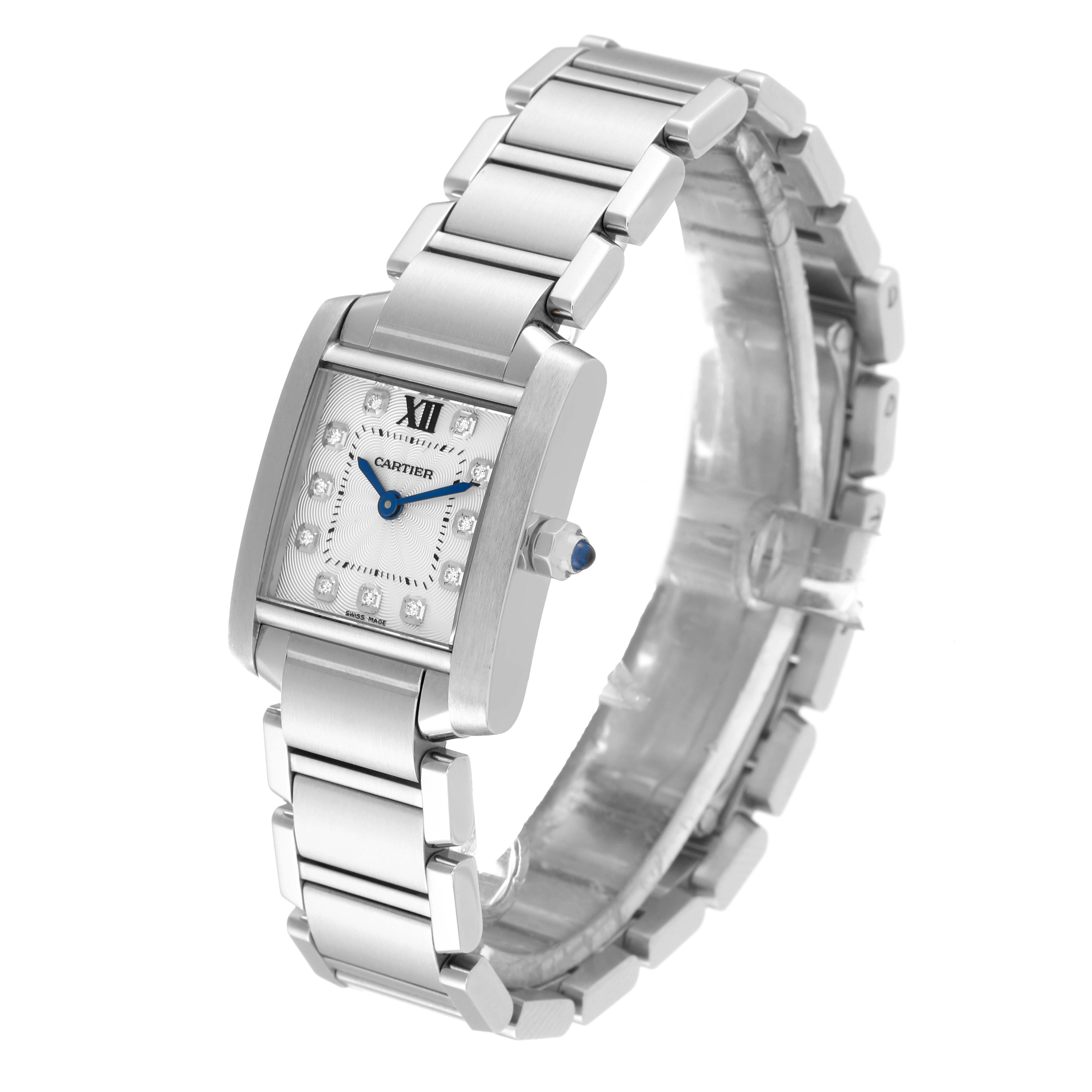 This image shows a Cartier Tank Francaise WE110006 Women's Stainless Steel Silver Dial WE110006 Women's Stainless Steel Silver Dial watch at an angled view highlighting its stainless steel bracelet and rectangular face.