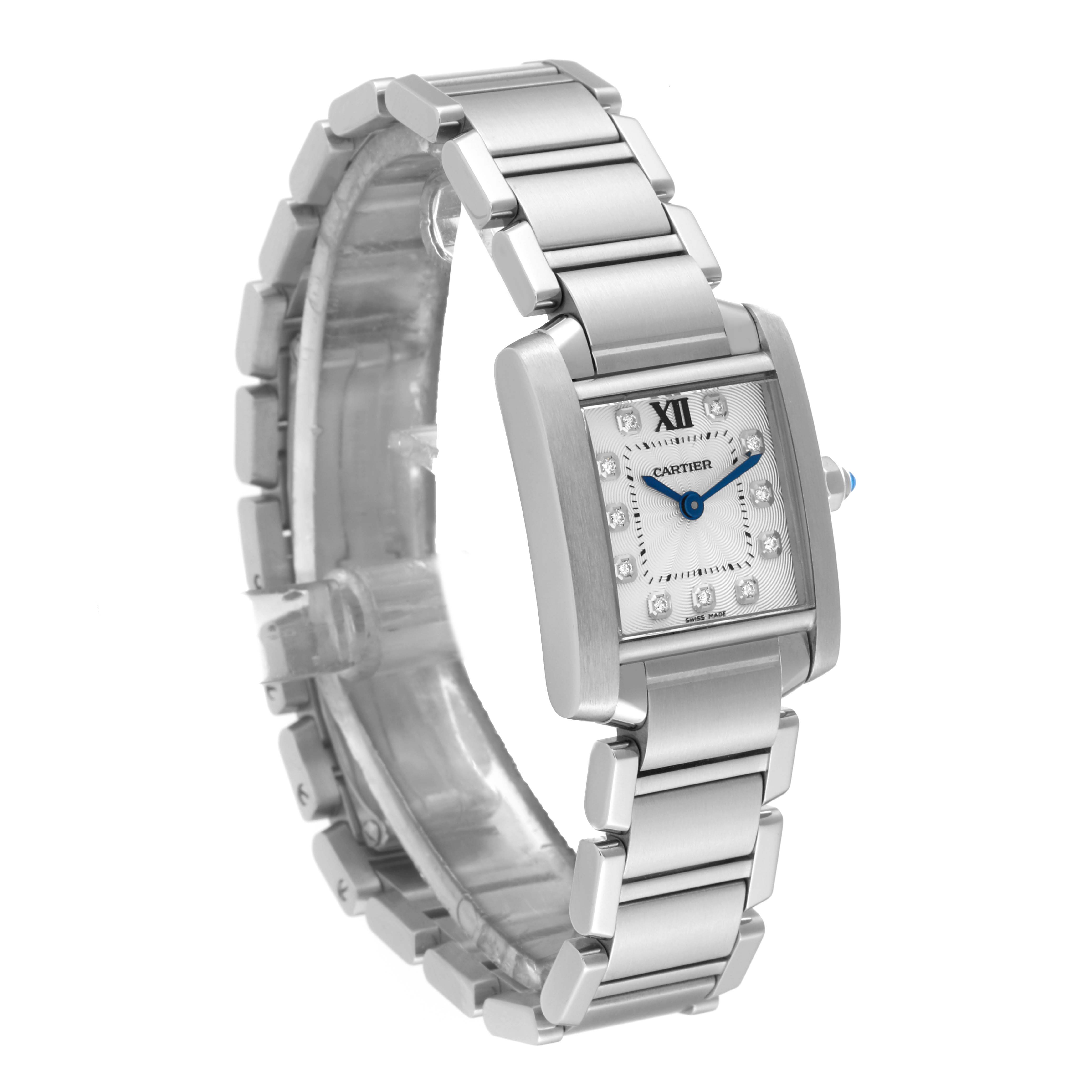 The Cartier Tank Francaise WE110006 Women's Stainless Steel Silver Dial WE110006 Women's Stainless Steel Silver Dial watch is shown at a 3/4 angle, displaying the face, bracelet, and clasp.