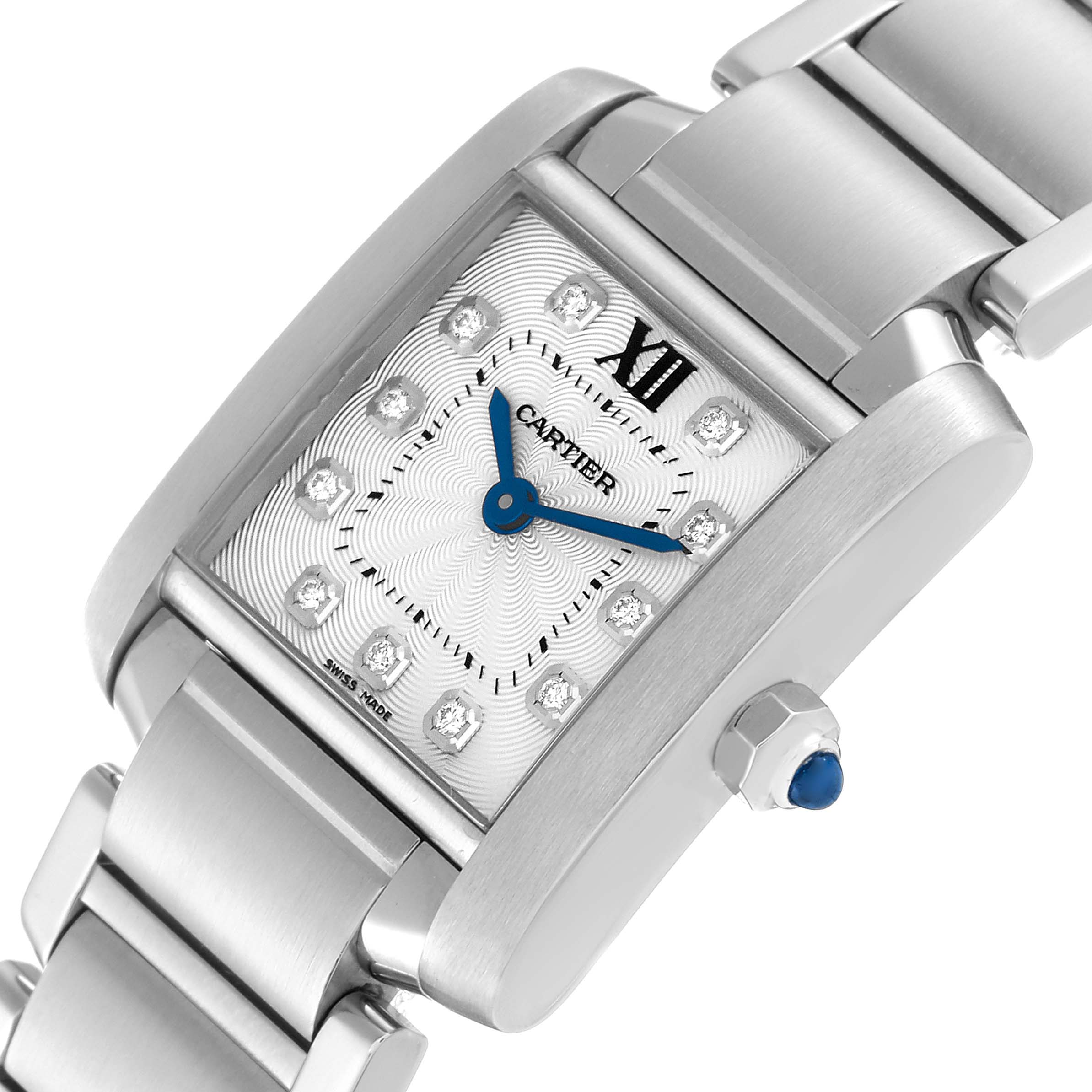 The image shows a close-up of the Cartier Tank Francaise WE110006 Women's Stainless Steel Silver Dial WE110006 Women's Stainless Steel Silver Dial watch face and part of the bracelet, angled slightly from the top.
