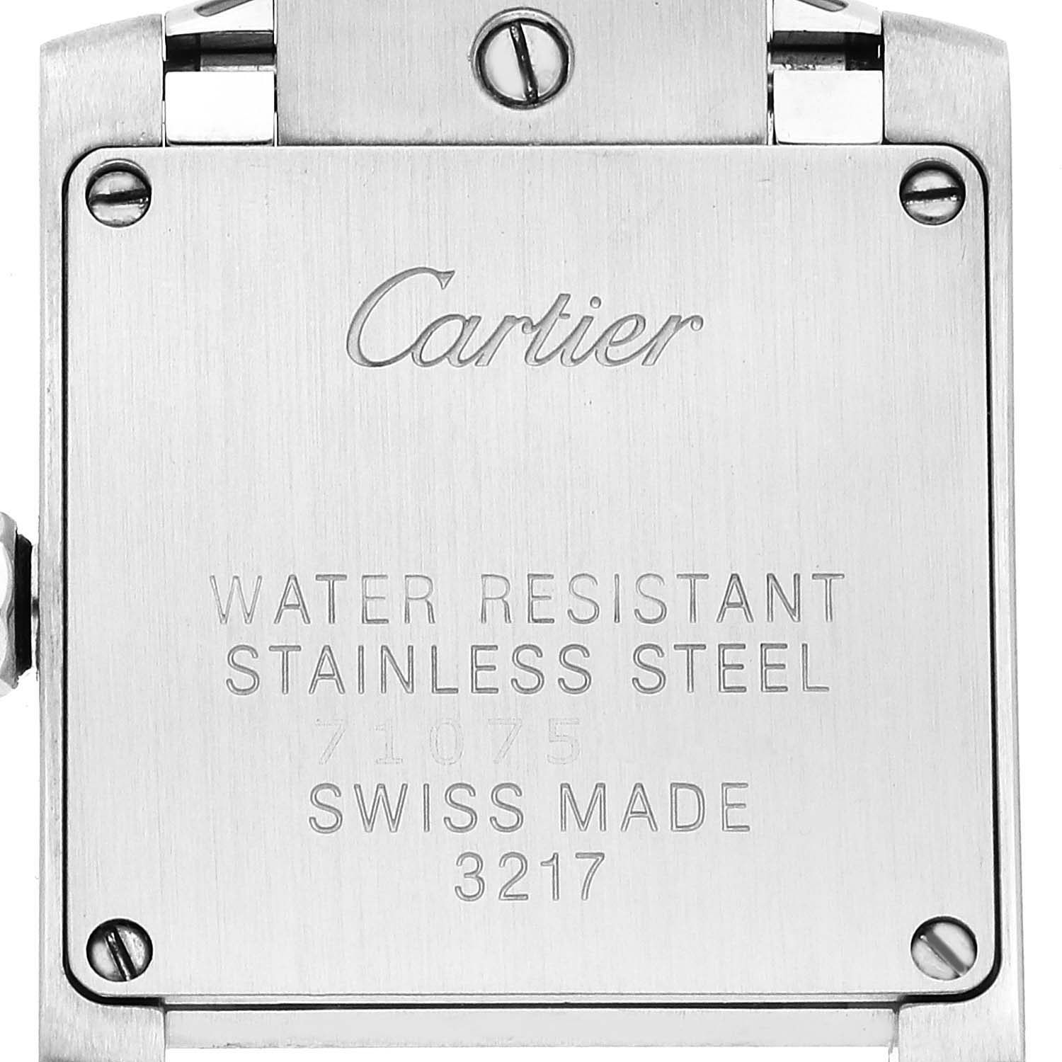 This image shows the back case of a Cartier Tank Francaise WE110006 Women's Stainless Steel Silver Dial WE110006 Women's Stainless Steel Silver Dial watch with engraved details.