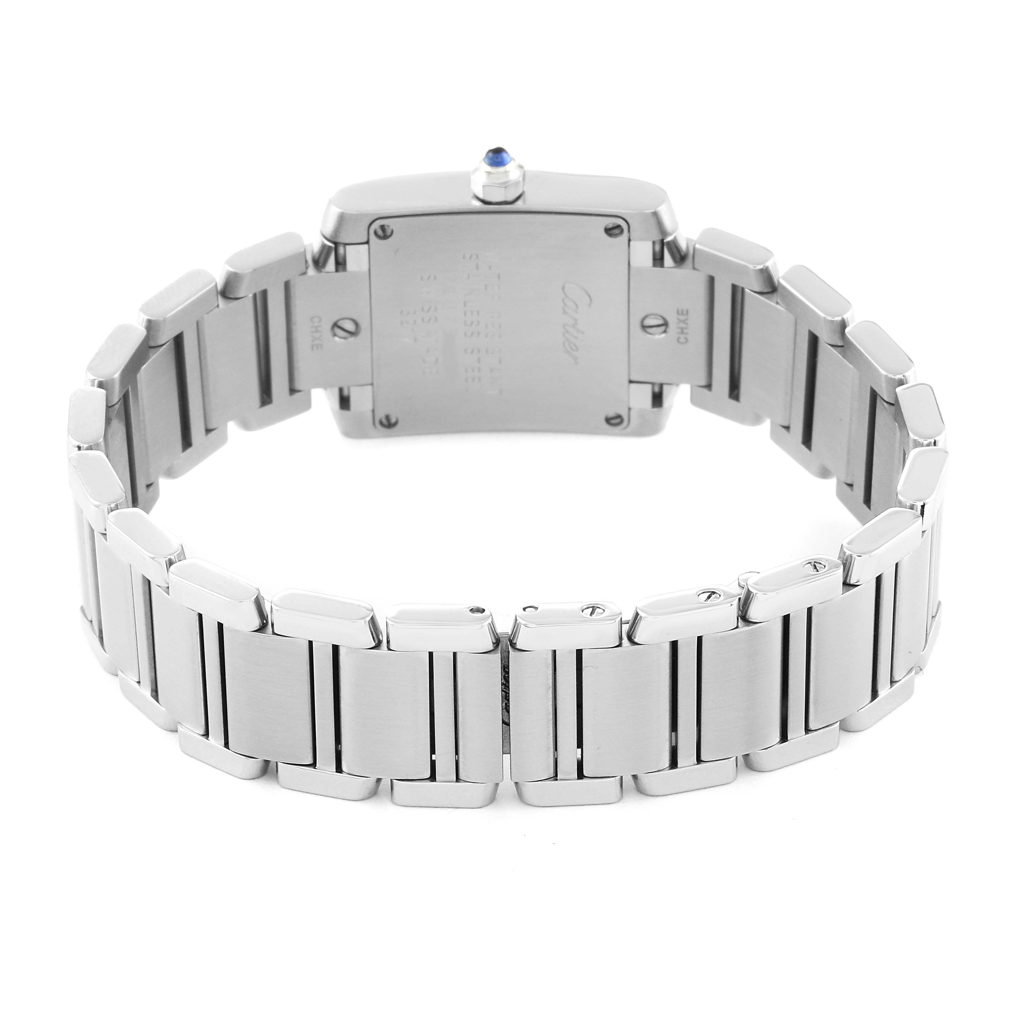 The image shows the back of a Cartier Tank Francaise WE110006 Women's Stainless Steel Silver Dial WE110006 Women's Stainless Steel Silver Dial watch, highlighting the case back and metal bracelet.