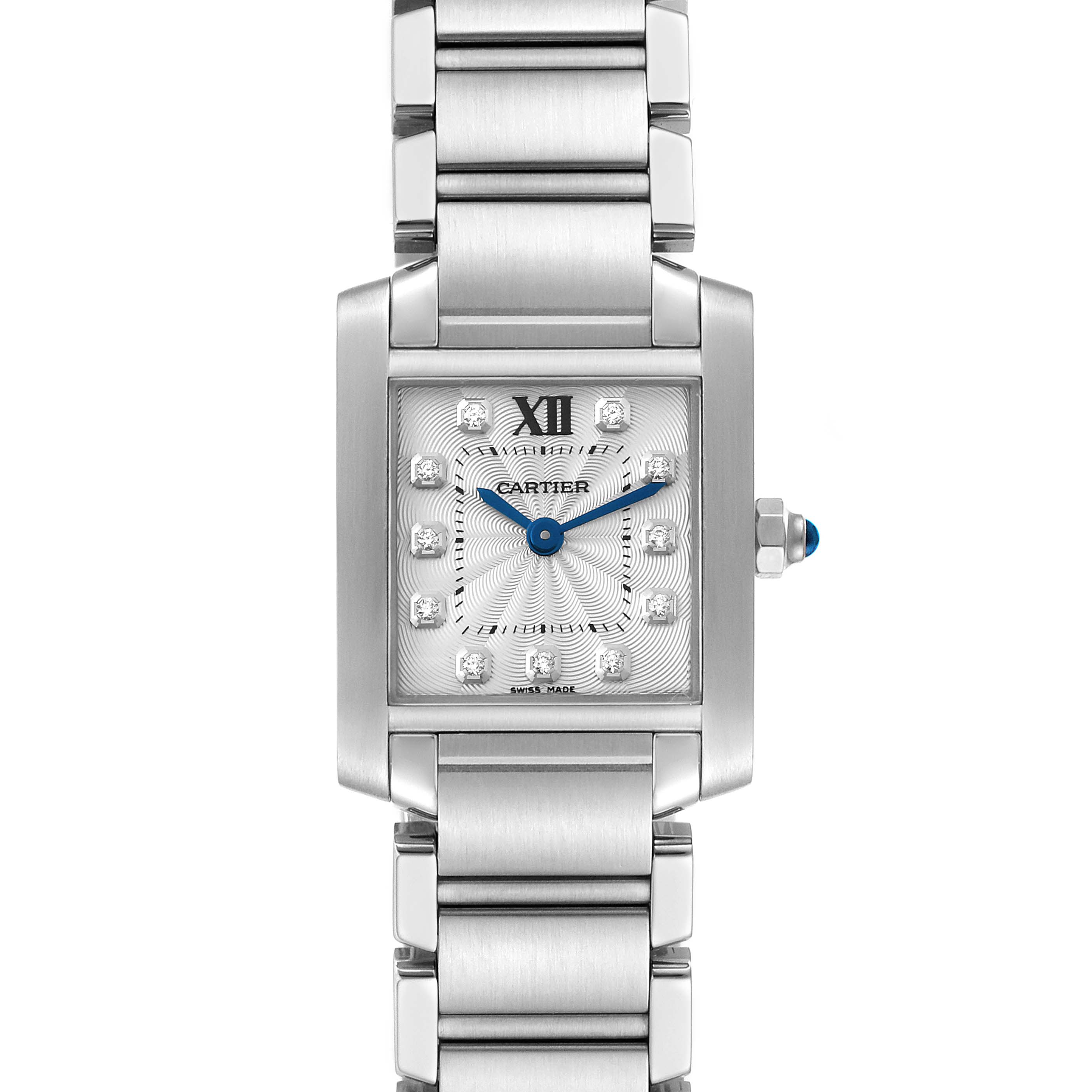 The image shows a frontal view of the Cartier Tank Francaise WE110006 Women's Stainless Steel Silver Dial WE110006 Women's Stainless Steel Silver Dial watch, displaying the face, bezel, crown, and part of the bracelet.