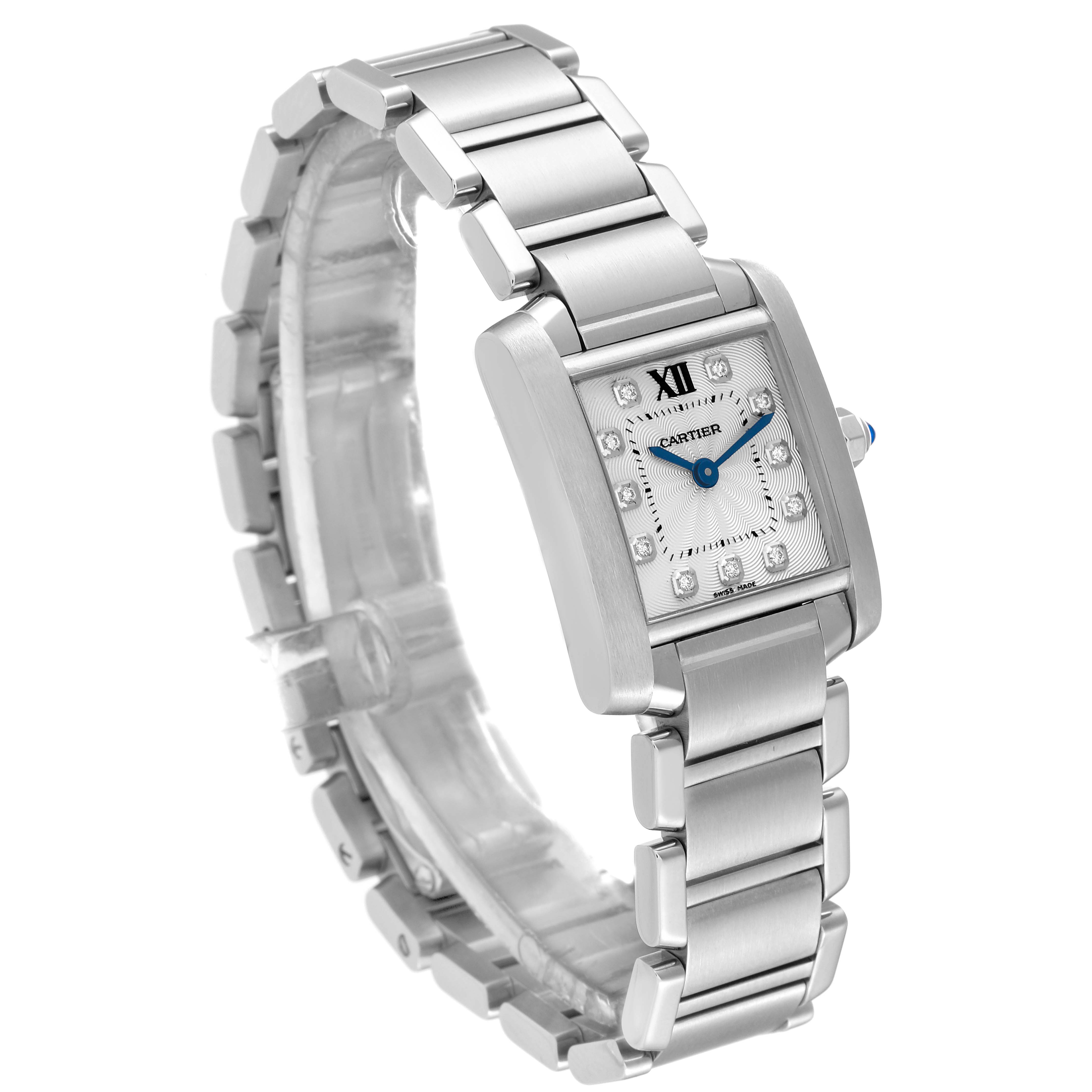 The Cartier Tank Francaise WE110006 Women's Stainless Steel Silver Dial WE110006 Women's Stainless Steel Silver Dial watch is shown at an angled view, highlighting the bracelet, rectangular case, and dial with blue hands and diamond markers.