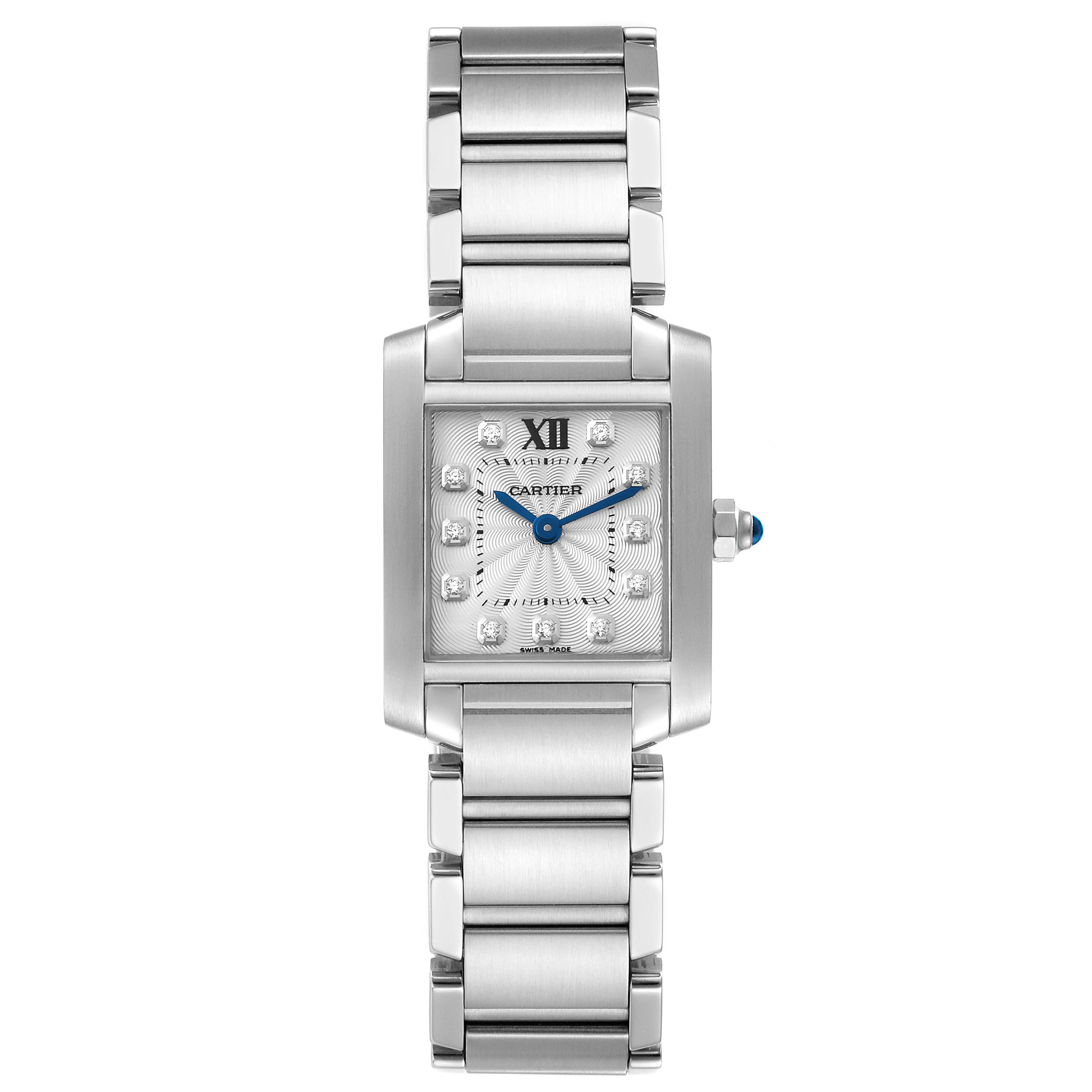 The image shows a front view of the Cartier Tank Francaise WE110006 Women's Stainless Steel Silver Dial WE110006 Women's Stainless Steel Silver Dial watch, highlighting the square dial, blue hands, and metal bracelet.