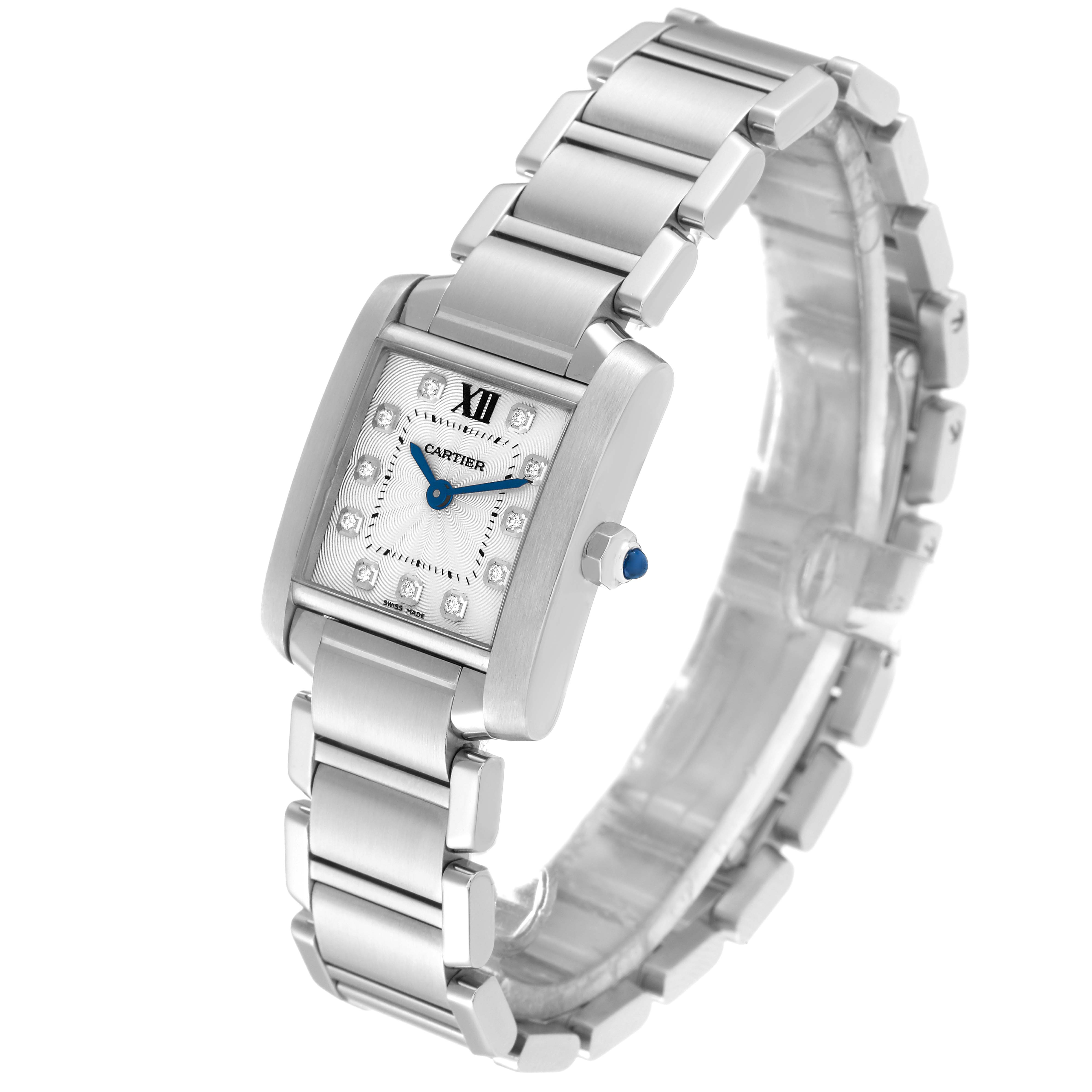 The Cartier Tank Francaise WE110006 Women's Stainless Steel Silver Dial WE110006 Women's Stainless Steel Silver Dial watch is shown at a 3/4 angle, displaying the face, bracelet, and crown with a blue cabochon.