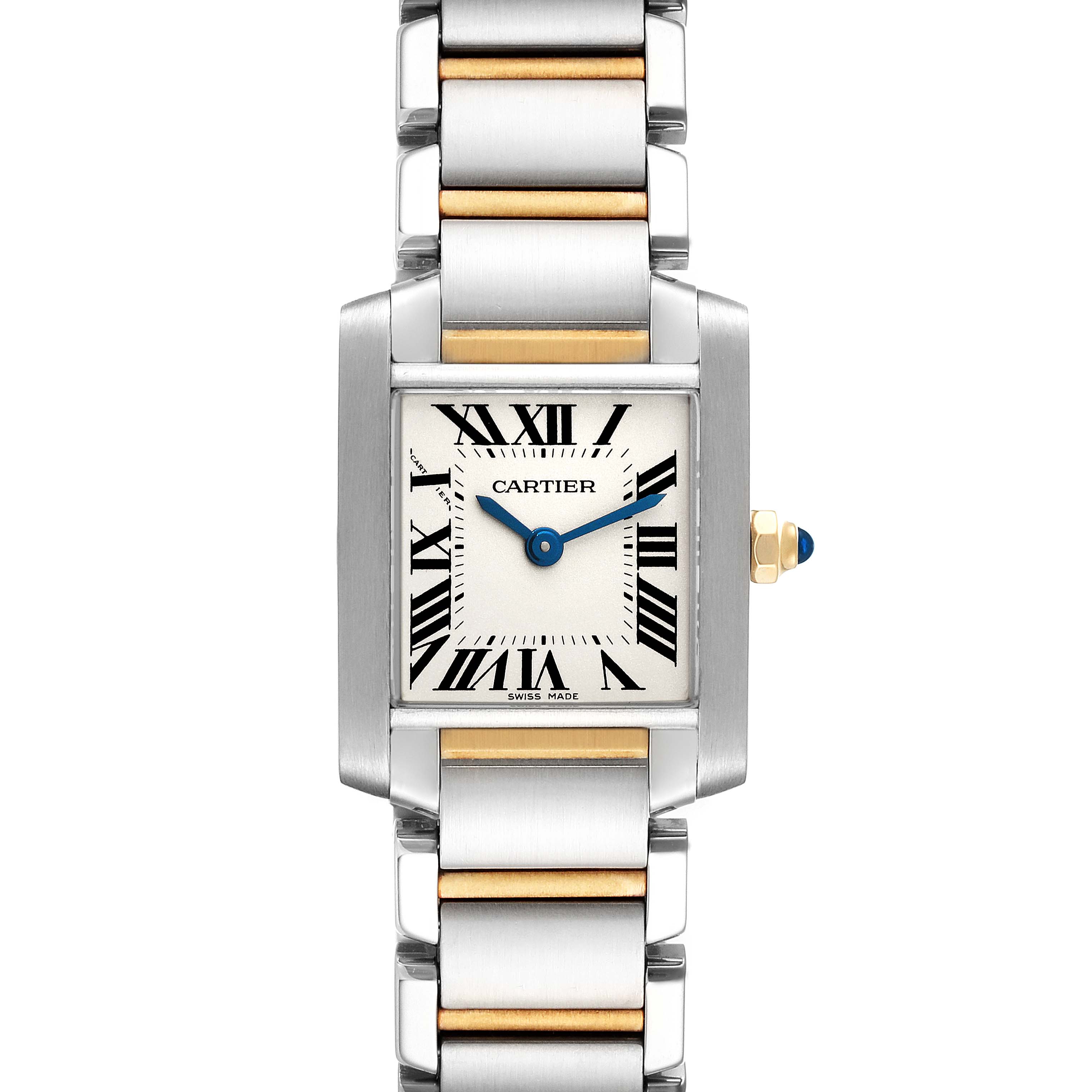 The image shows a front view of the Cartier Tank Française watch, highlighting its dial, bracelet, and crown.