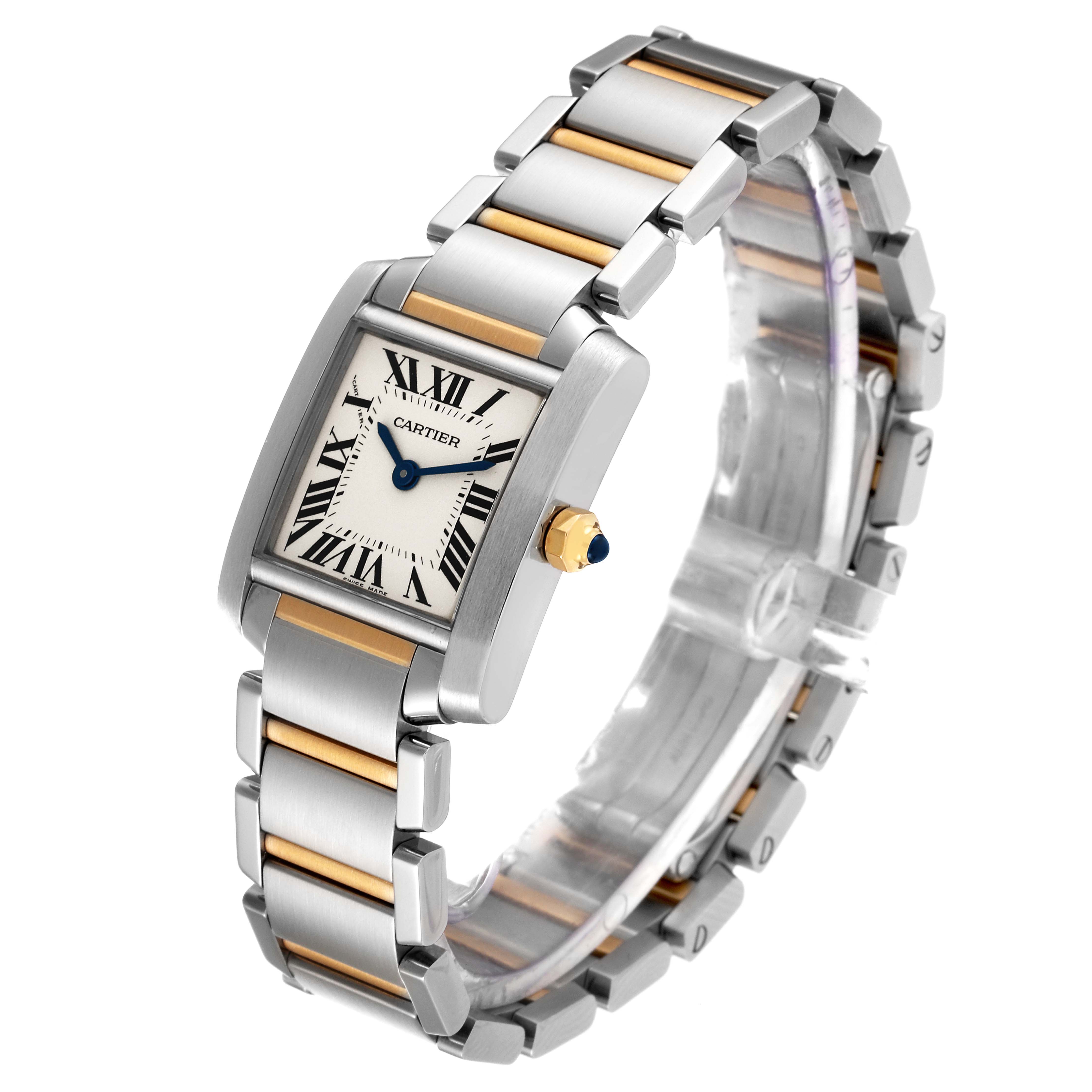 The image shows a Cartier Tank Francaise W51007Q4 Women's Steel and Gold (two tone) Silver Dial W51007Q4 Women's Steel and Gold (two tone) Silver Dial watch at an angled front view, displaying the face, bezel, and two-tone bracelet.