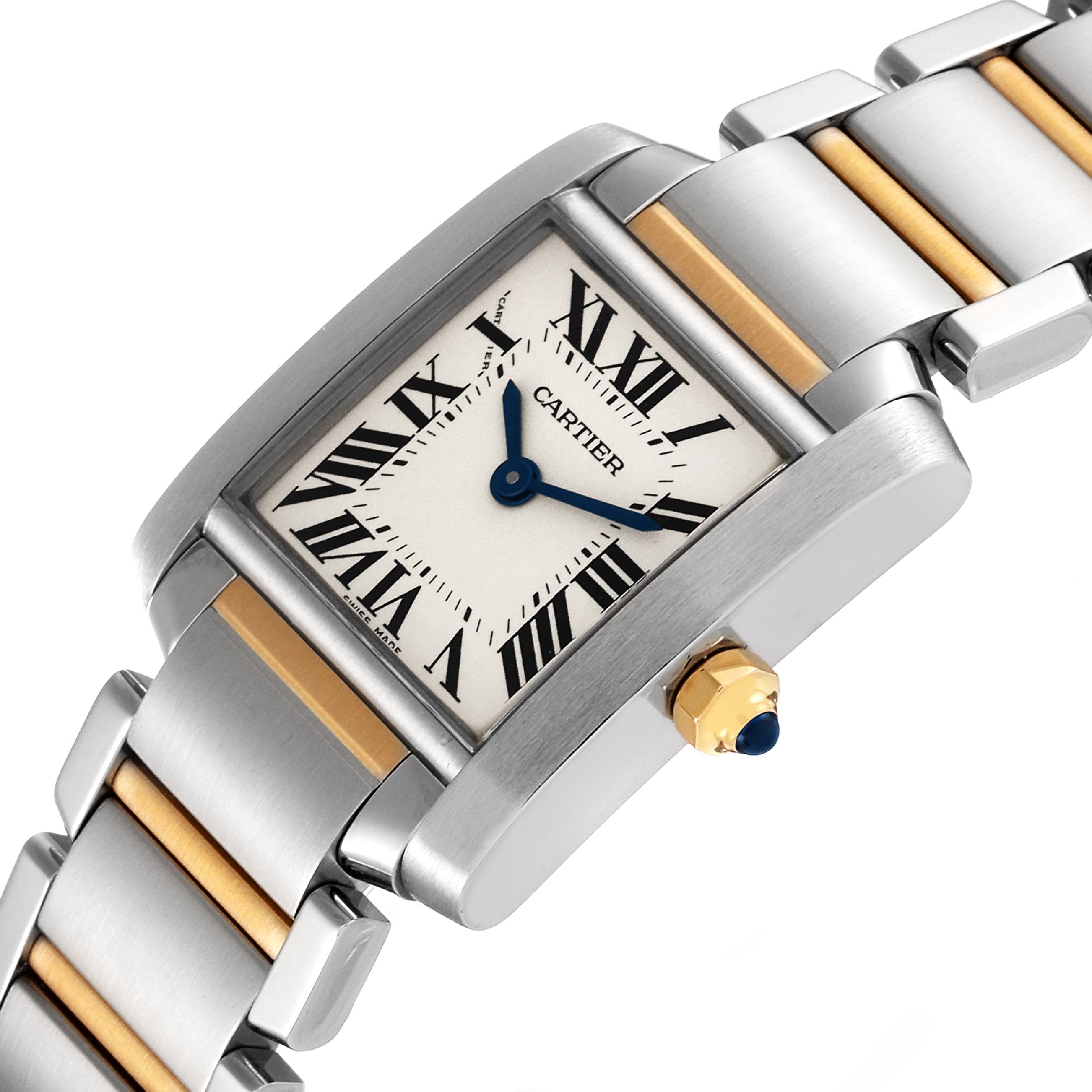 The image shows a close-up angle of the Cartier Tank Francaise W51007Q4 Women's Steel and Gold (two tone) Silver Dial W51007Q4 Women's Steel and Gold (two tone) Silver Dial watch face and parts of its metal bracelet.