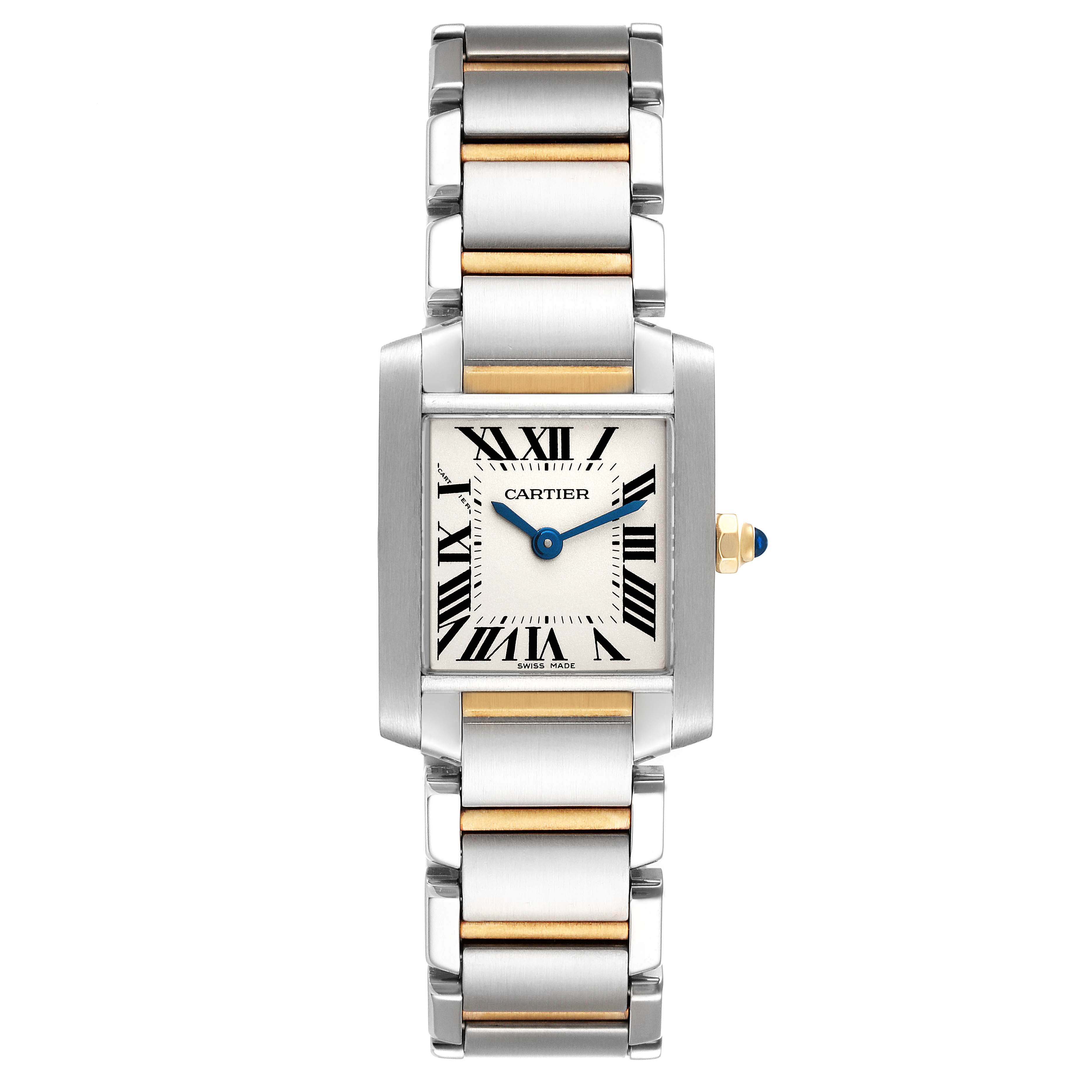 The image shows a front view of the Cartier Tank Française watch, displaying the face, bezel, and dual-tone bracelet.