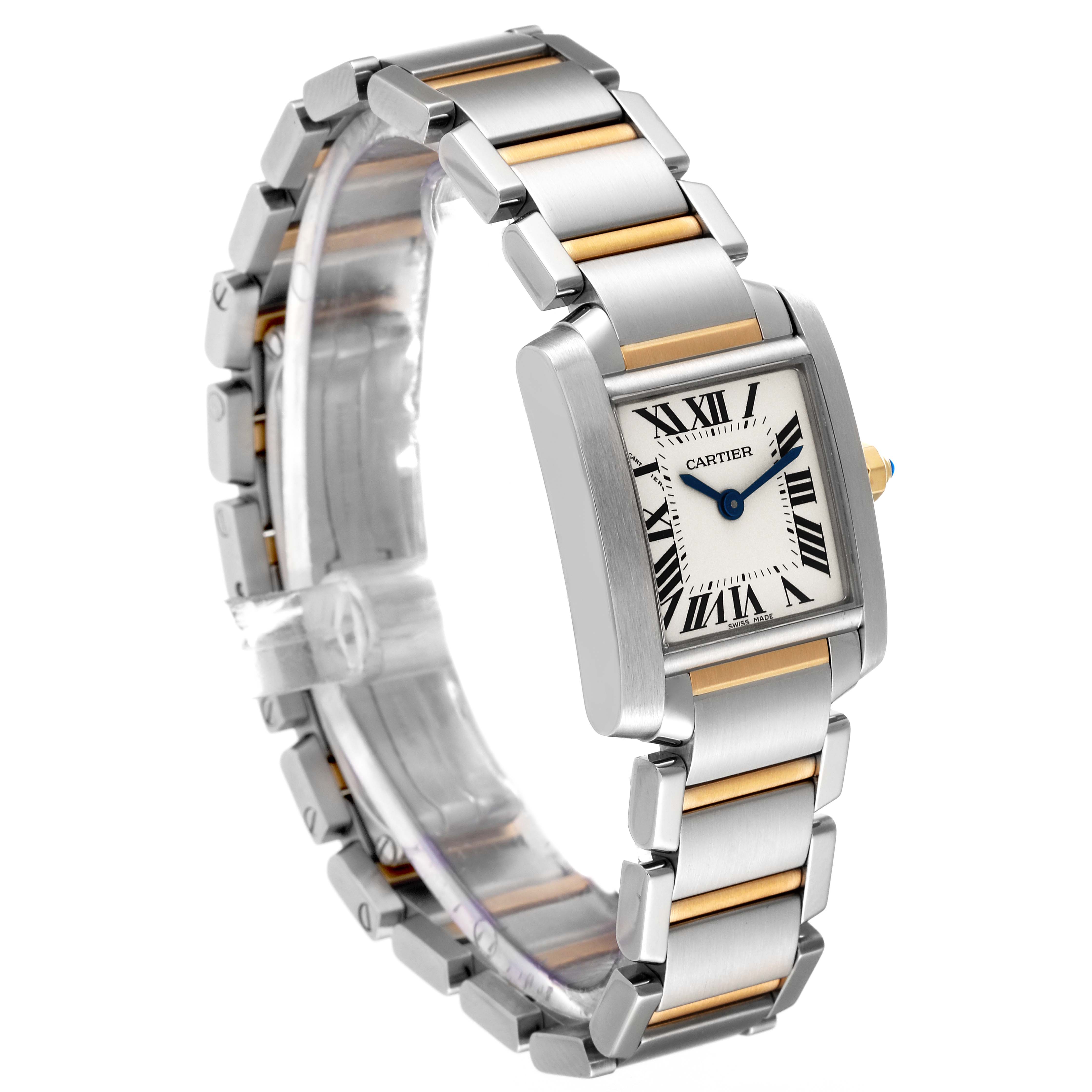 The Cartier Tank Francaise W51007Q4 Women's Steel and Gold (two tone) Silver Dial W51007Q4 Women's Steel and Gold (two tone) Silver Dial watch is shown at a three-quarter angle, highlighting the face, rectangular bezel, and two-tone metal bracelet.