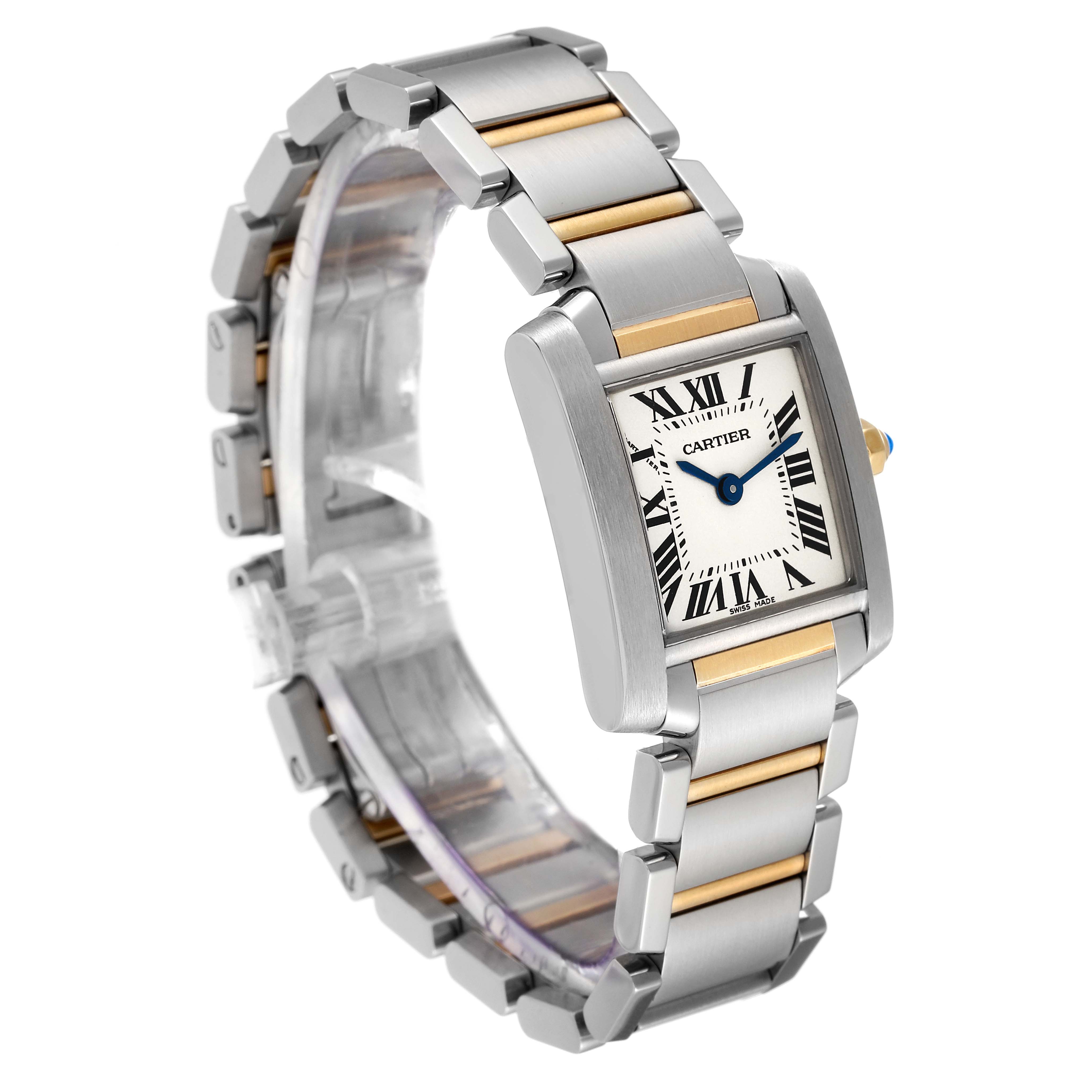 The Cartier Tank Française watch is shown at an oblique angle displaying its face, bracelet, and part of the clasp.