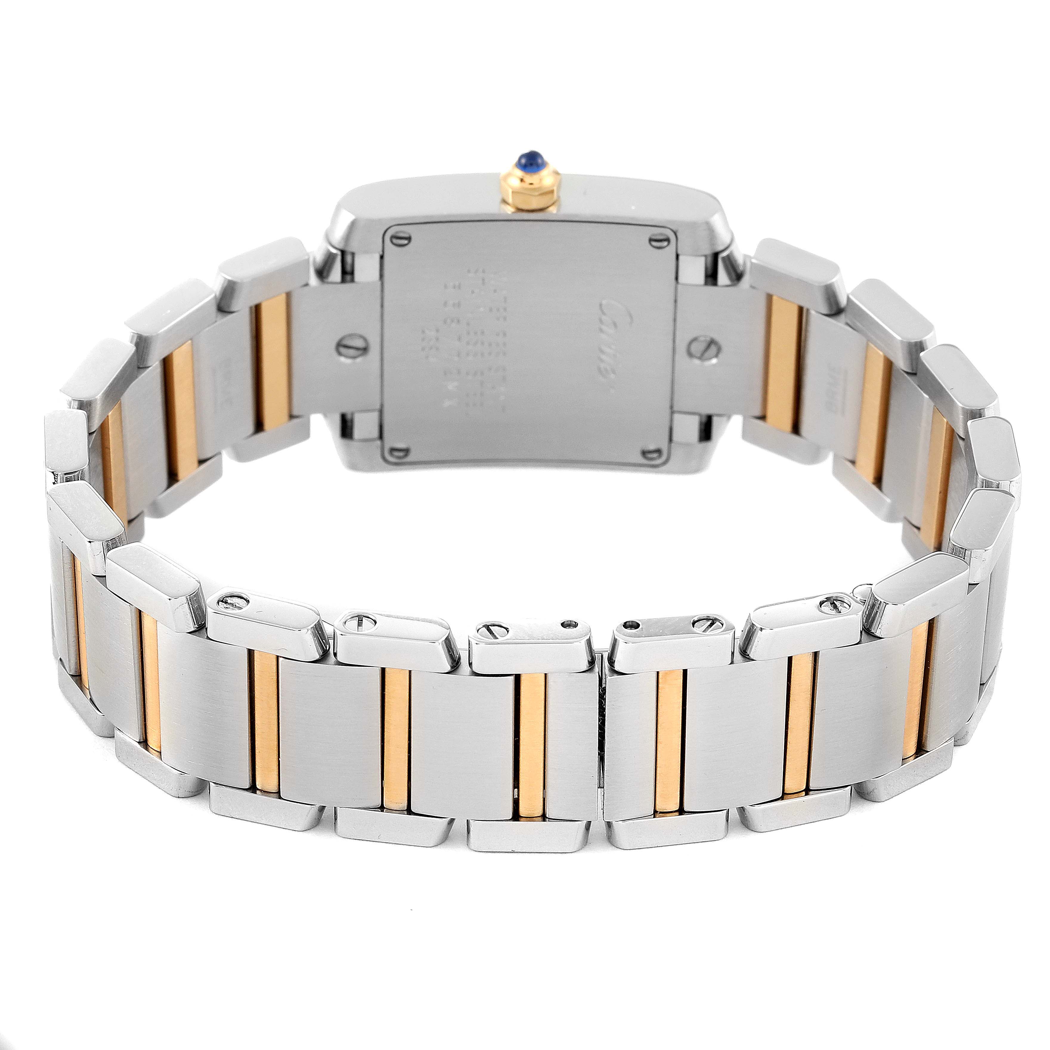 This image shows the back view of the Cartier Tank Francaise W51007Q4 Women's Steel and Gold (two tone) Silver Dial W51007Q4 Women's Steel and Gold (two tone) Silver Dial watch, highlighting its band and case back.