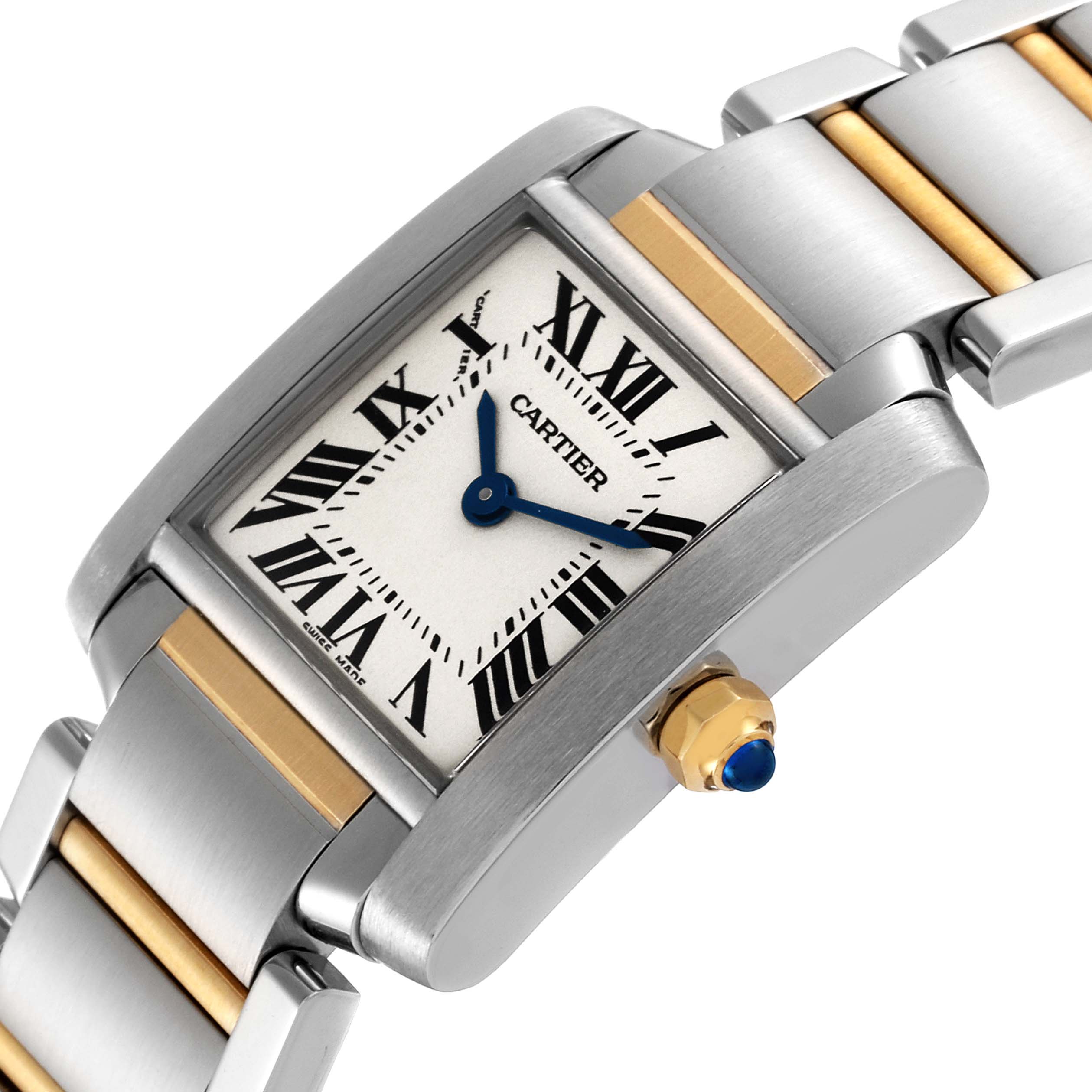 The image shows a close-up angled view of a Cartier Tank Francaise W51007Q4 Women's Steel and Gold (two tone) Silver Dial W51007Q4 Women's Steel and Gold (two tone) Silver Dial watch, highlighting its face, bracelet, and crown.