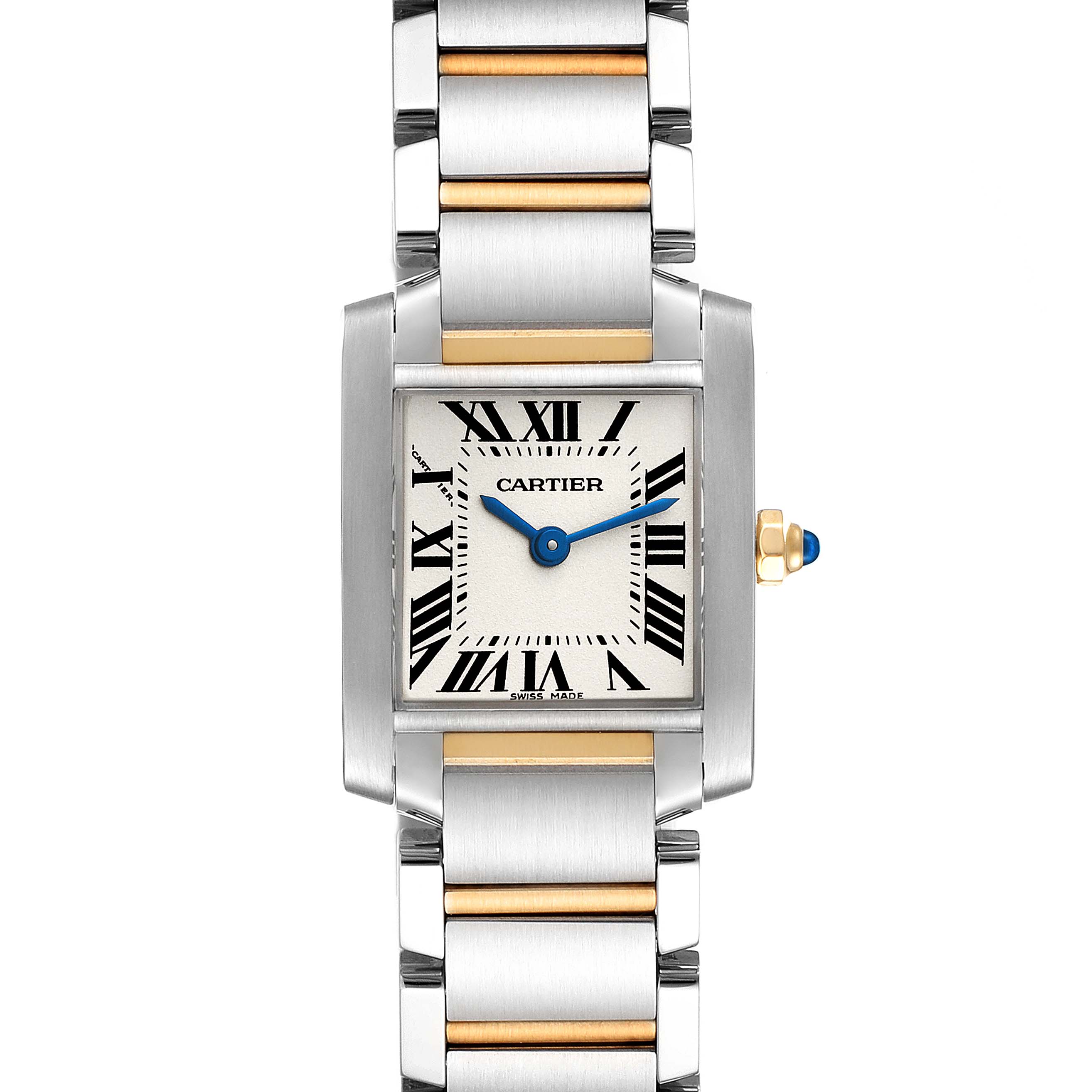 The image shows a front view of the Cartier Tank Francaise W51007Q4 Women's Steel and Gold (two tone) Silver Dial W51007Q4 Women's Steel and Gold (two tone) Silver Dial watch, highlighting its rectangular face, Roman numeral dial, and bi-metal bracelet.