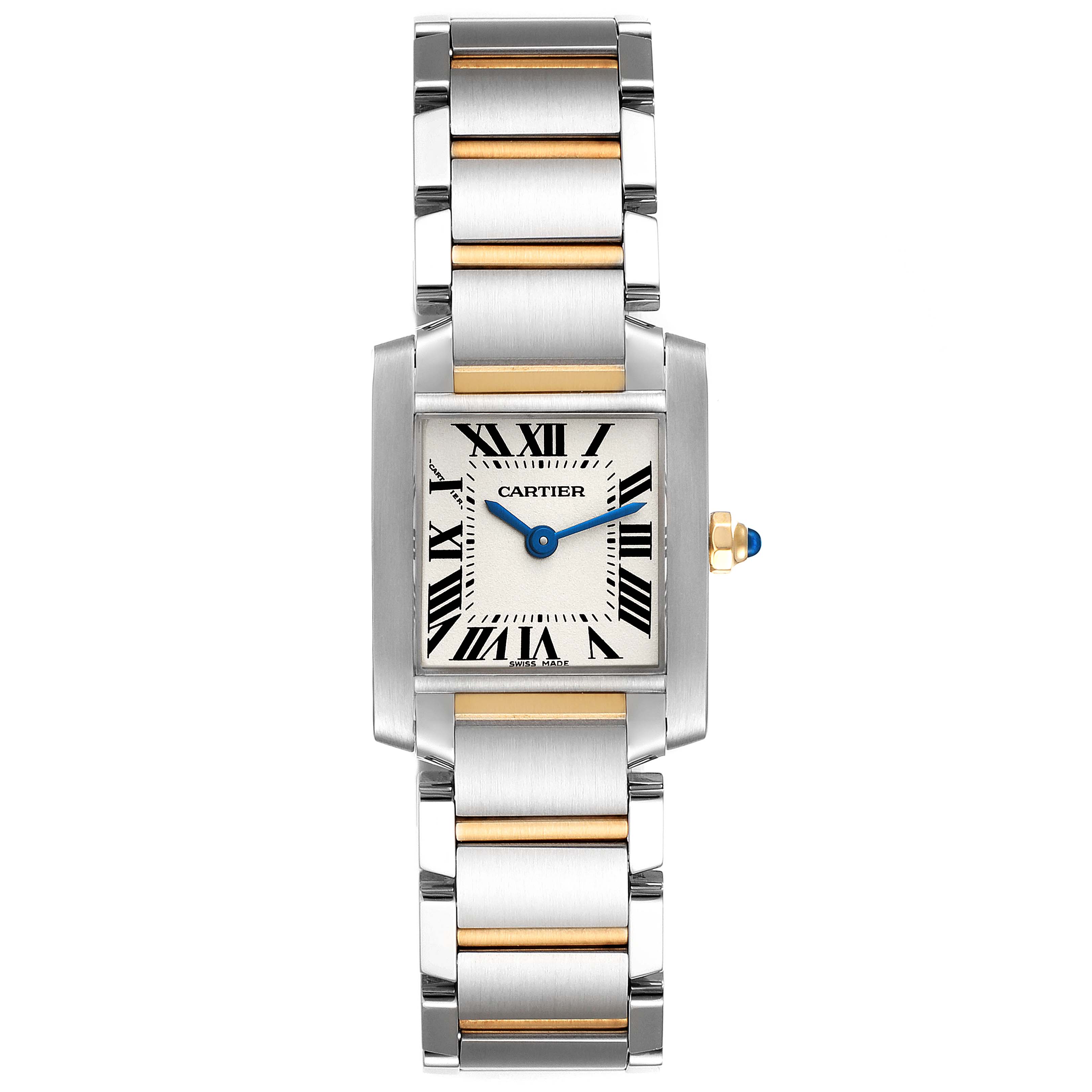 The image shows a Cartier Tank Francaise W51007Q4 Women's Steel and Gold (two tone) Silver Dial W51007Q4 Women's Steel and Gold (two tone) Silver Dial model watch from a top-down angle, highlighting its face, bracelet, and blue hands.