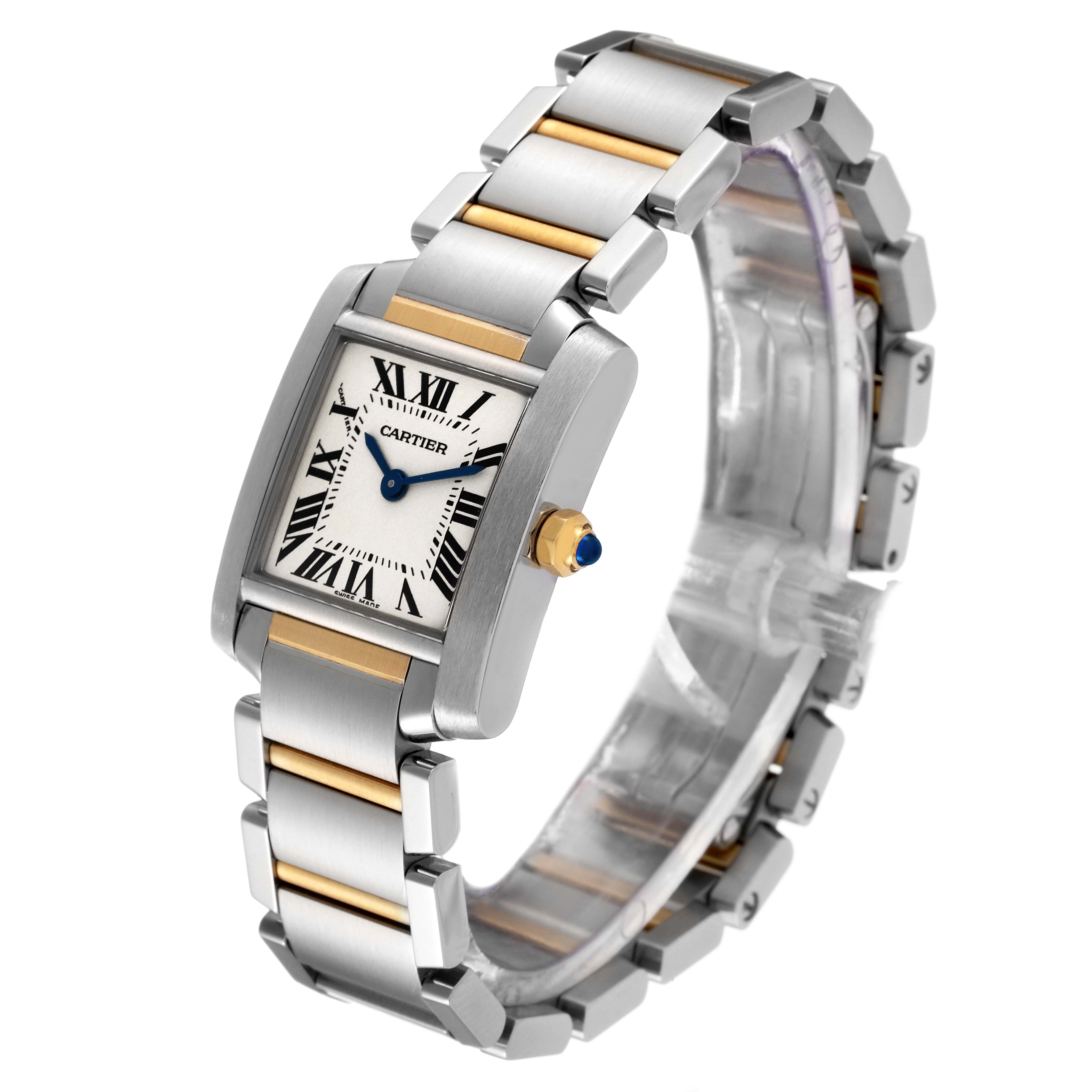 The image shows a Cartier Tank Francaise W51007Q4 Women's Steel and Gold (two tone) Silver Dial W51007Q4 Women's Steel and Gold (two tone) Silver Dial watch at a three-quarter angle, highlighting its face, bracelet, and crown.