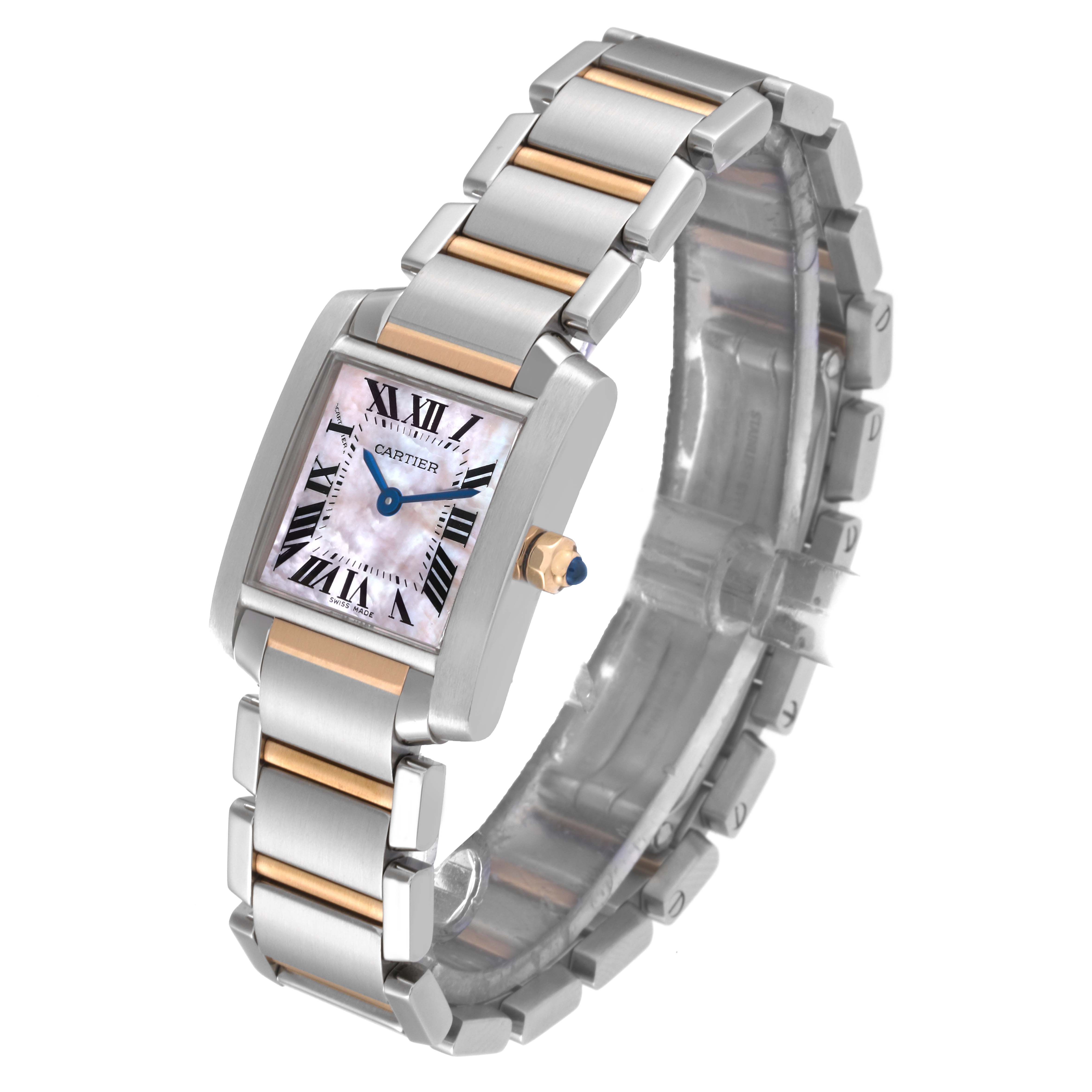 The image shows a Cartier Tank Française watch taken from an angled top view, displaying its face, bracelet, and crown.