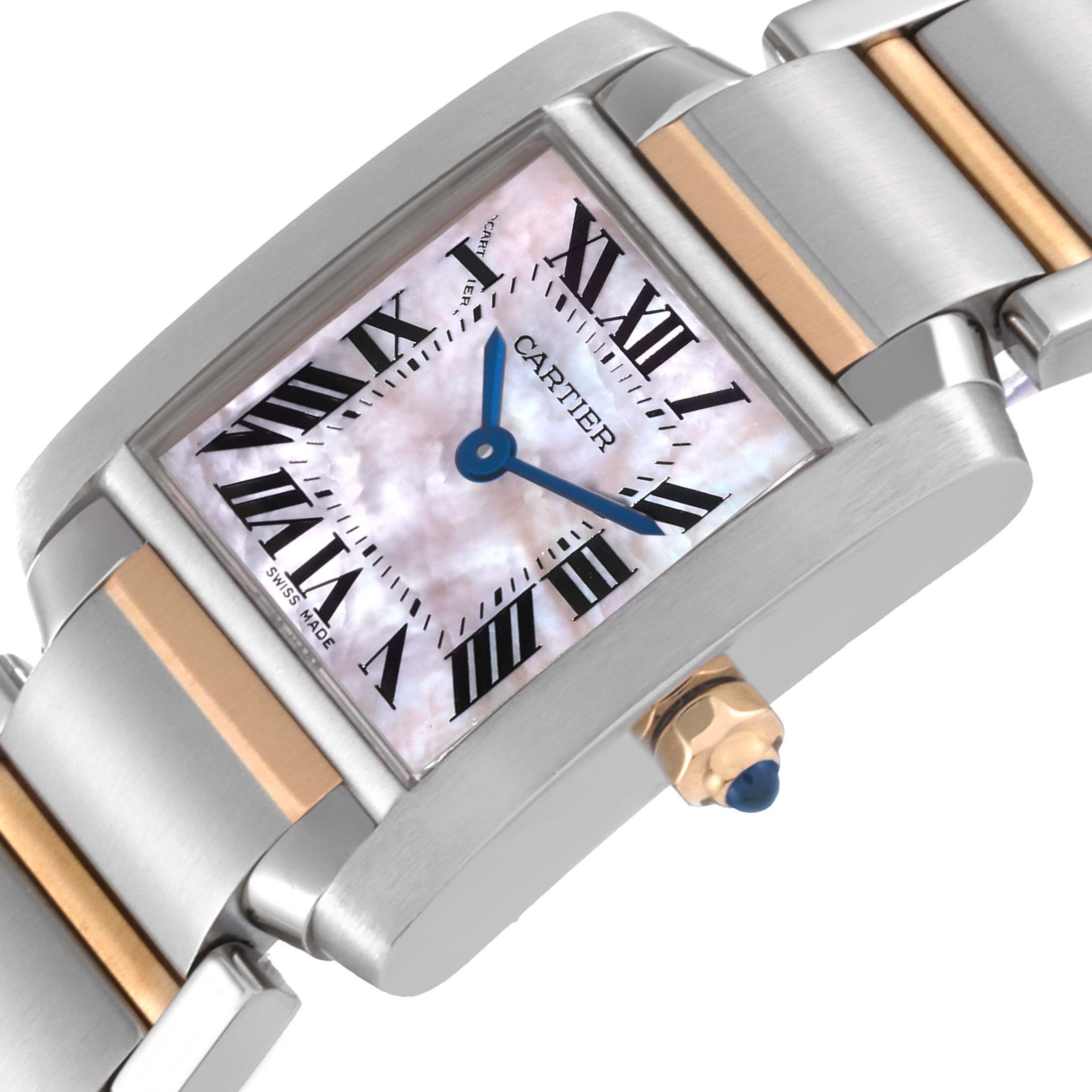 The image shows a close-up angle of the Cartier Tank Francaise W51027Q4 Women's Steel and Gold (two tone) Mother of Pearl Dial W51027Q4 Women's Steel and Gold (two tone) Mother of Pearl Dial watch, highlighting its dial, Roman numerals, and part of the metal bracelet.
