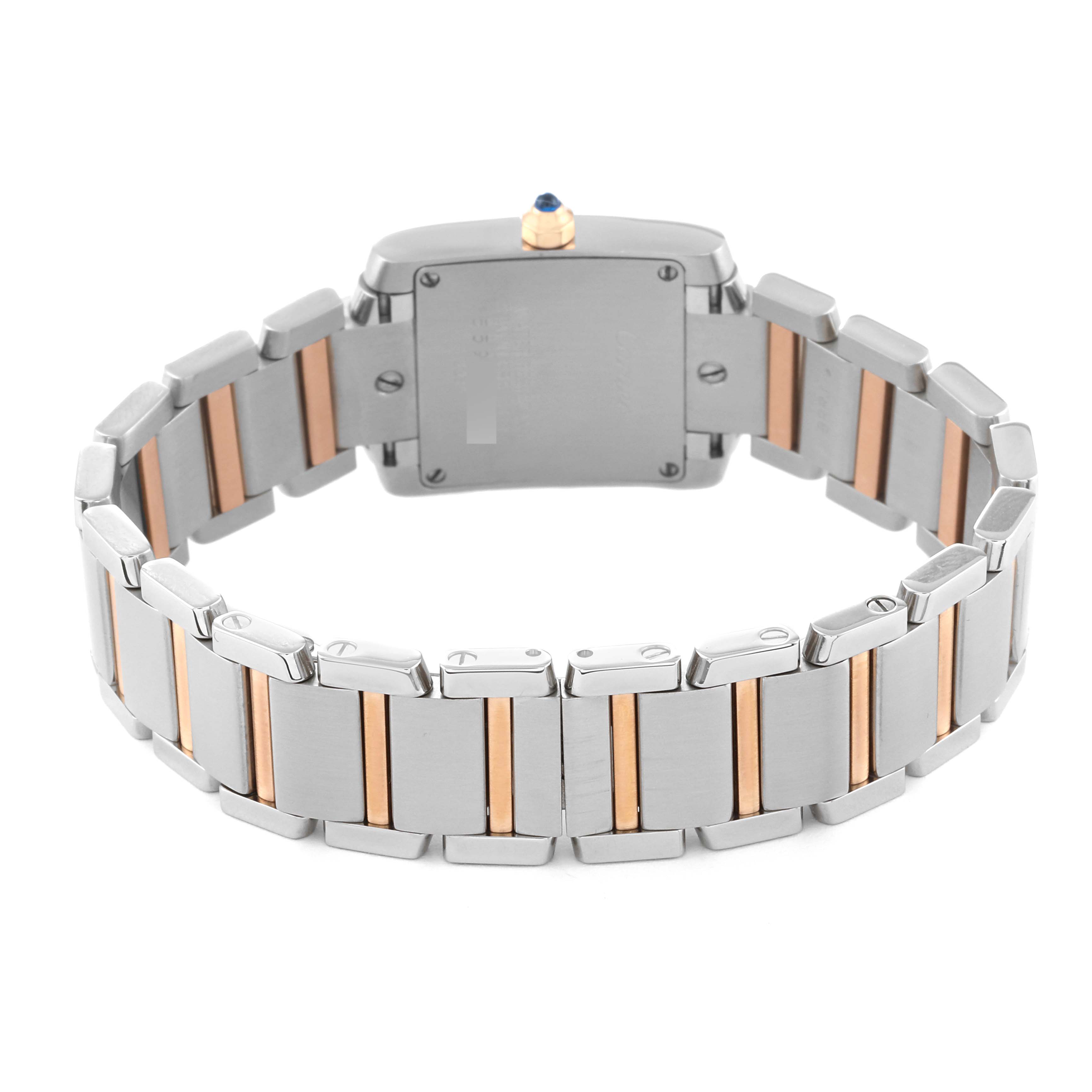 This image shows the back and bracelet of a Cartier Tank Francaise W51027Q4 Women's Steel and Gold (two tone) Mother of Pearl Dial W51027Q4 Women's Steel and Gold (two tone) Mother of Pearl Dial watch, highlighting the two-tone metal design.