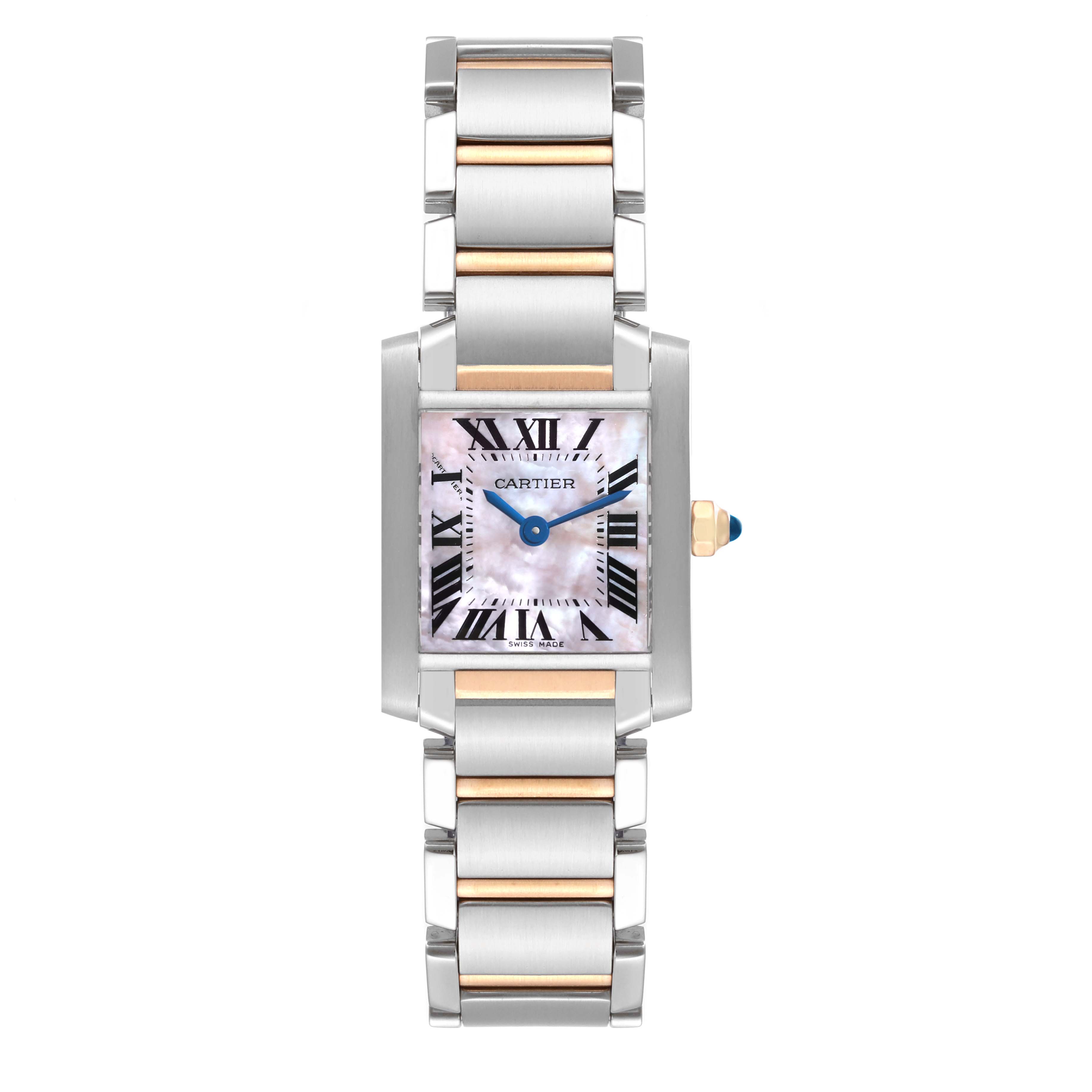 The image shows a Cartier Tank Francaise W51027Q4 Women's Steel and Gold (two tone) Mother of Pearl Dial W51027Q4 Women's Steel and Gold (two tone) Mother of Pearl Dial watch from a top-down angle, highlighting its two-tone metal bracelet, square face, and Roman numerals.