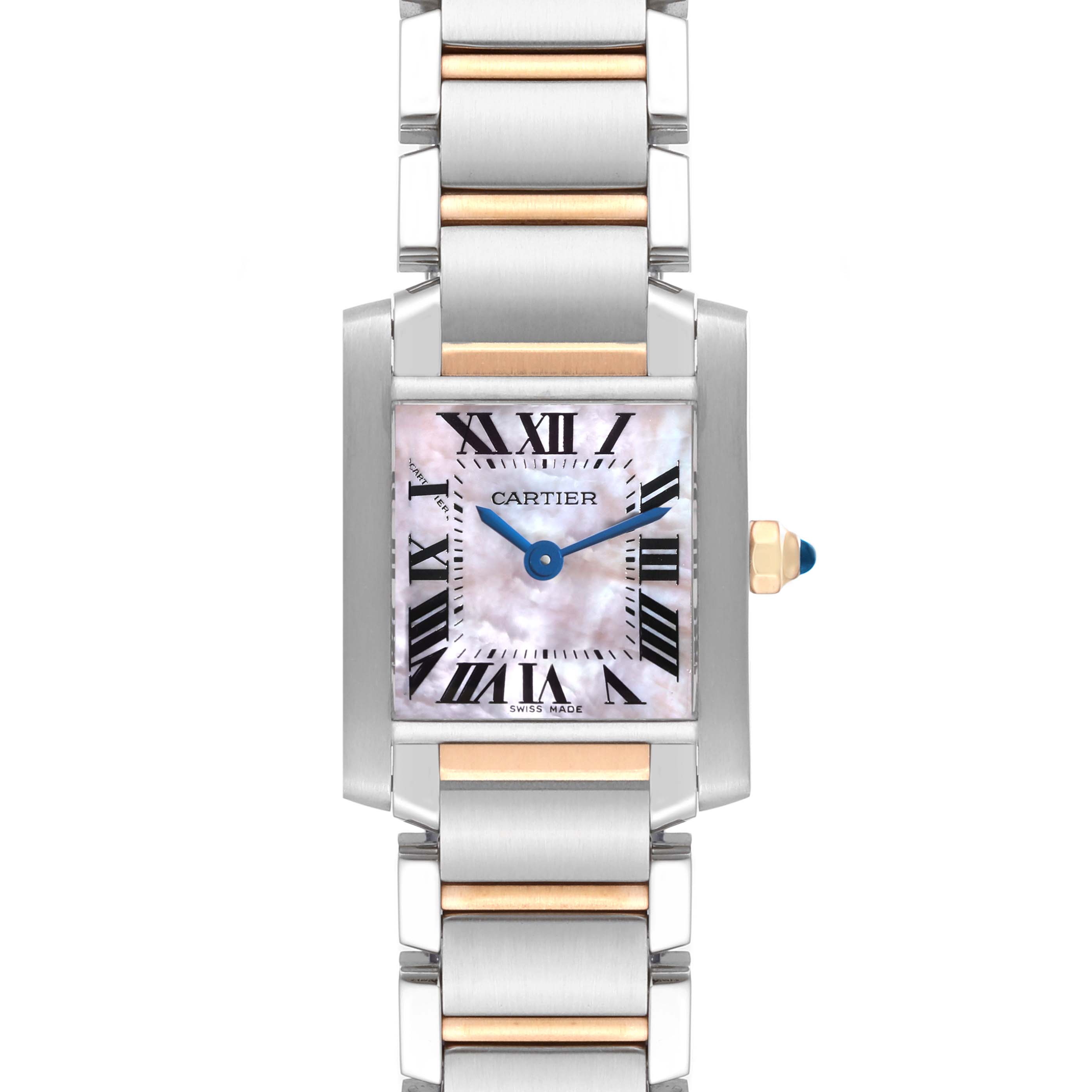 This image shows a front view of a Cartier Tank Francaise W51027Q4 Women's Steel and Gold (two tone) Mother of Pearl Dial W51027Q4 Women's Steel and Gold (two tone) Mother of Pearl Dial watch, highlighting the dial, bracelet, and crown.