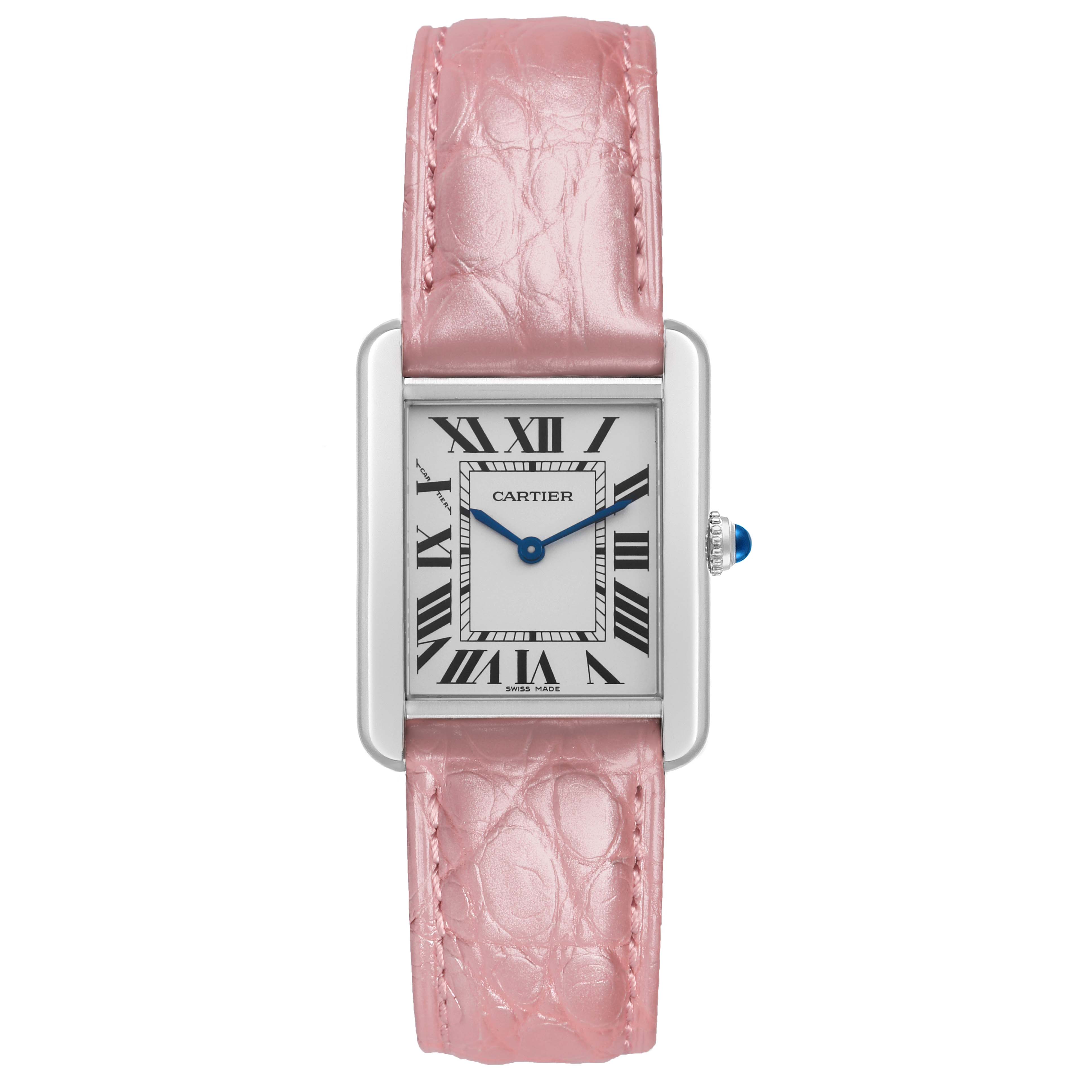 The Cartier Tank Solo WSTA0030 Women's Stainless Steel Silver Dial watch is shown from a top-down angle, highlighting its rectangular face, Roman numerals, and pink strap.