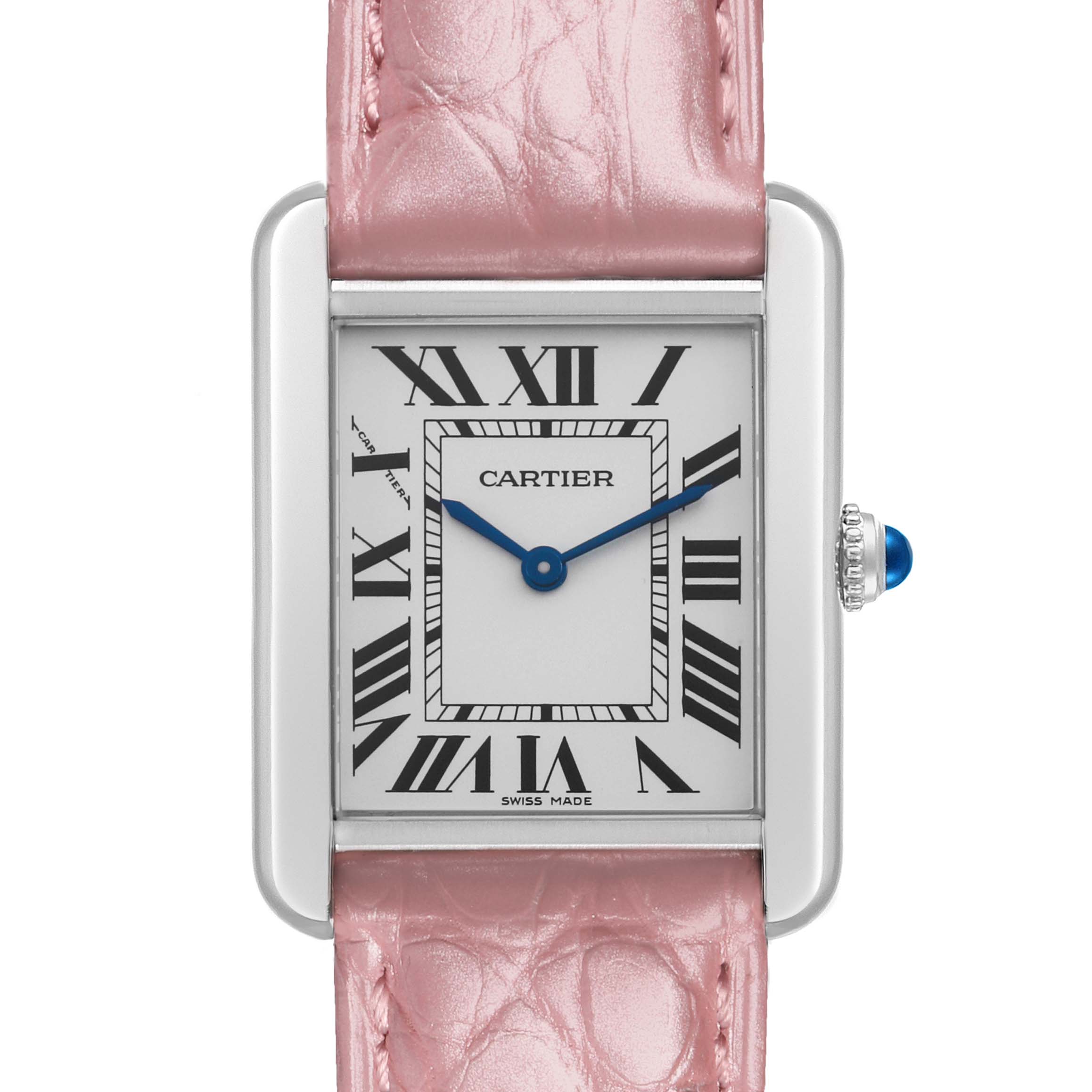 The Cartier Tank Solo WSTA0030 Women's Stainless Steel Silver Dial watch is shown from the front, displaying its rectangular face, Roman numerals, blue hands, and a pink leather strap.