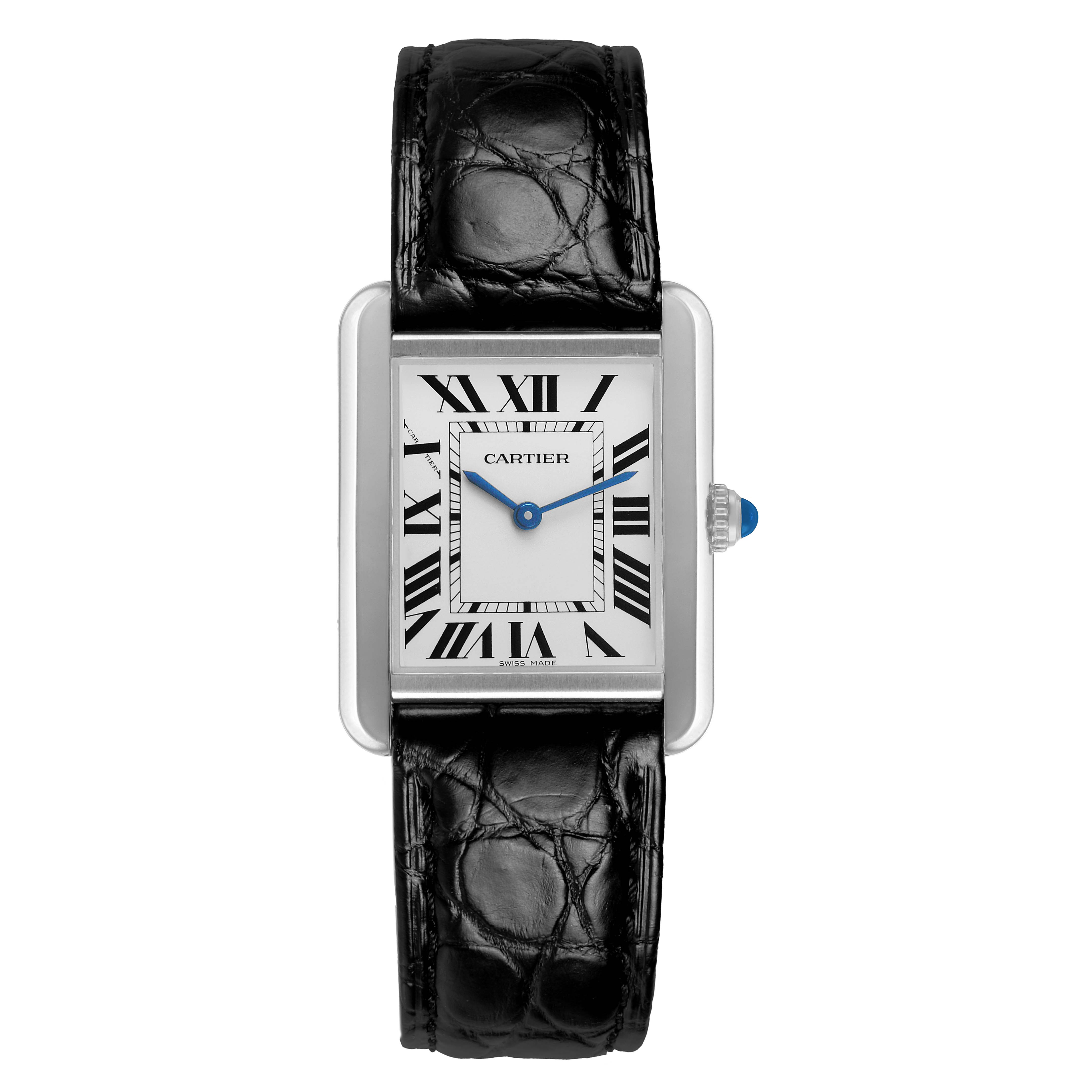 The Cartier Tank Solo WSTA0030 Women's Stainless Steel Silver Dial watch is shown from a front angle, displaying its face, case, crown, and leather strap.