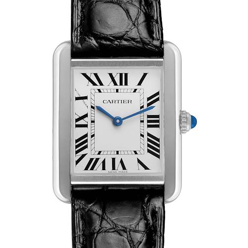 The Cartier Tank Solo WSTA0030 Women's Stainless Steel Silver Dial watch is shown from the front, displaying its face, Roman numerals, blue hands, crown, and leather strap.