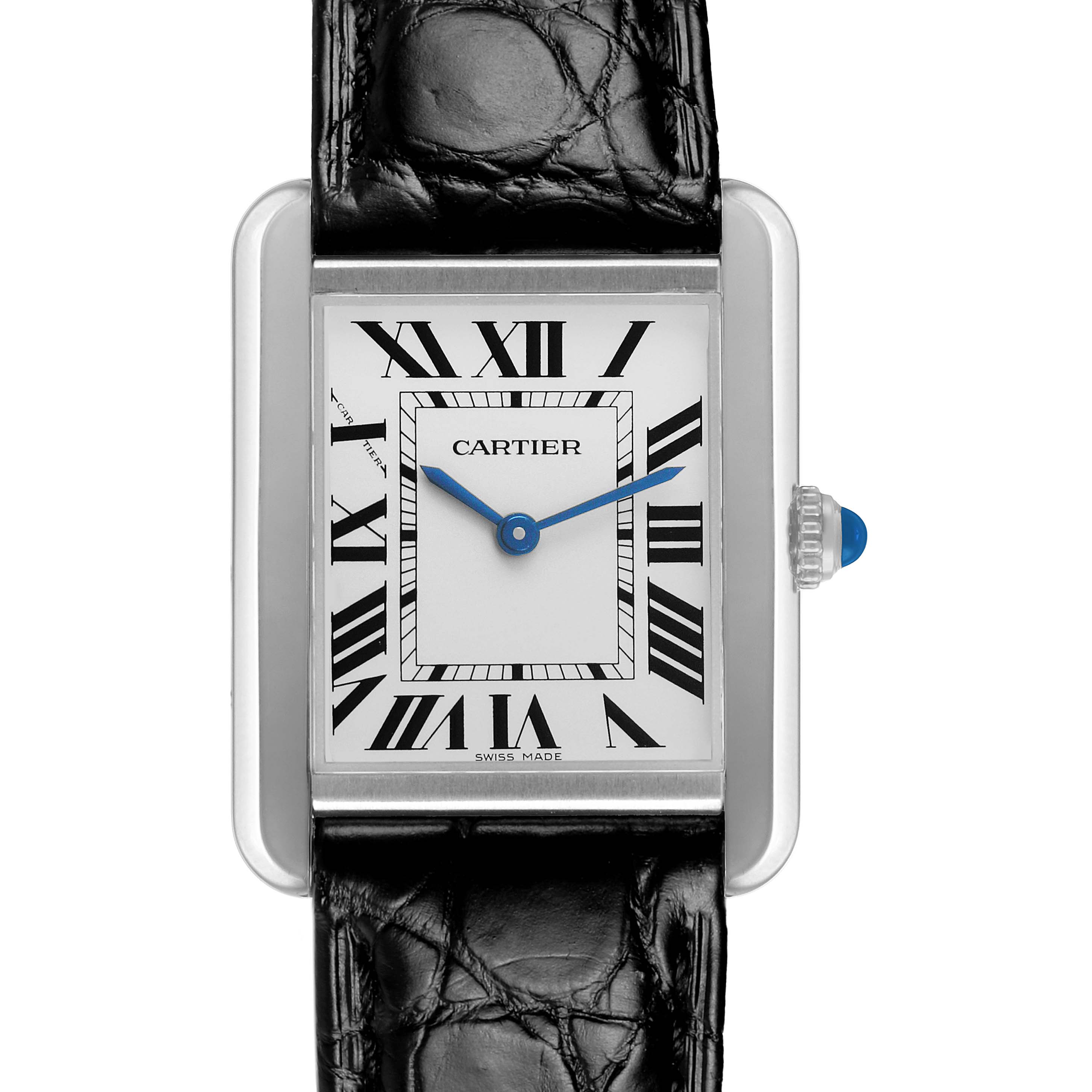 The Cartier Tank Solo WSTA0030 Women's Stainless Steel Silver Dial watch is shown front-facing, highlighting its rectangular case, Roman numeral dial, and leather strap.