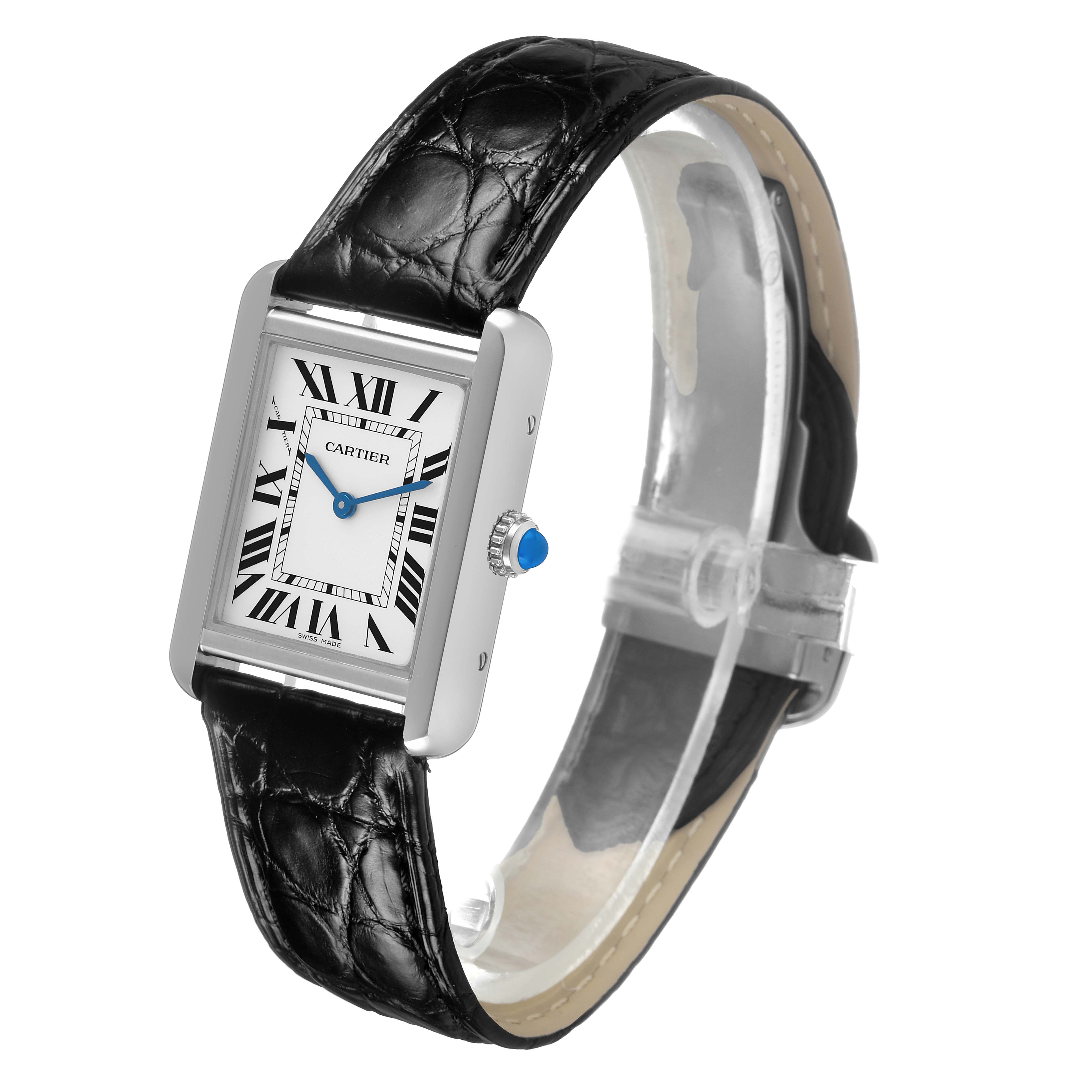 The Cartier Tank Solo WSTA0030 Women's Stainless Steel Silver Dial watch is shown at an angled view, highlighting its rectangular face, Roman numerals, and black leather strap.