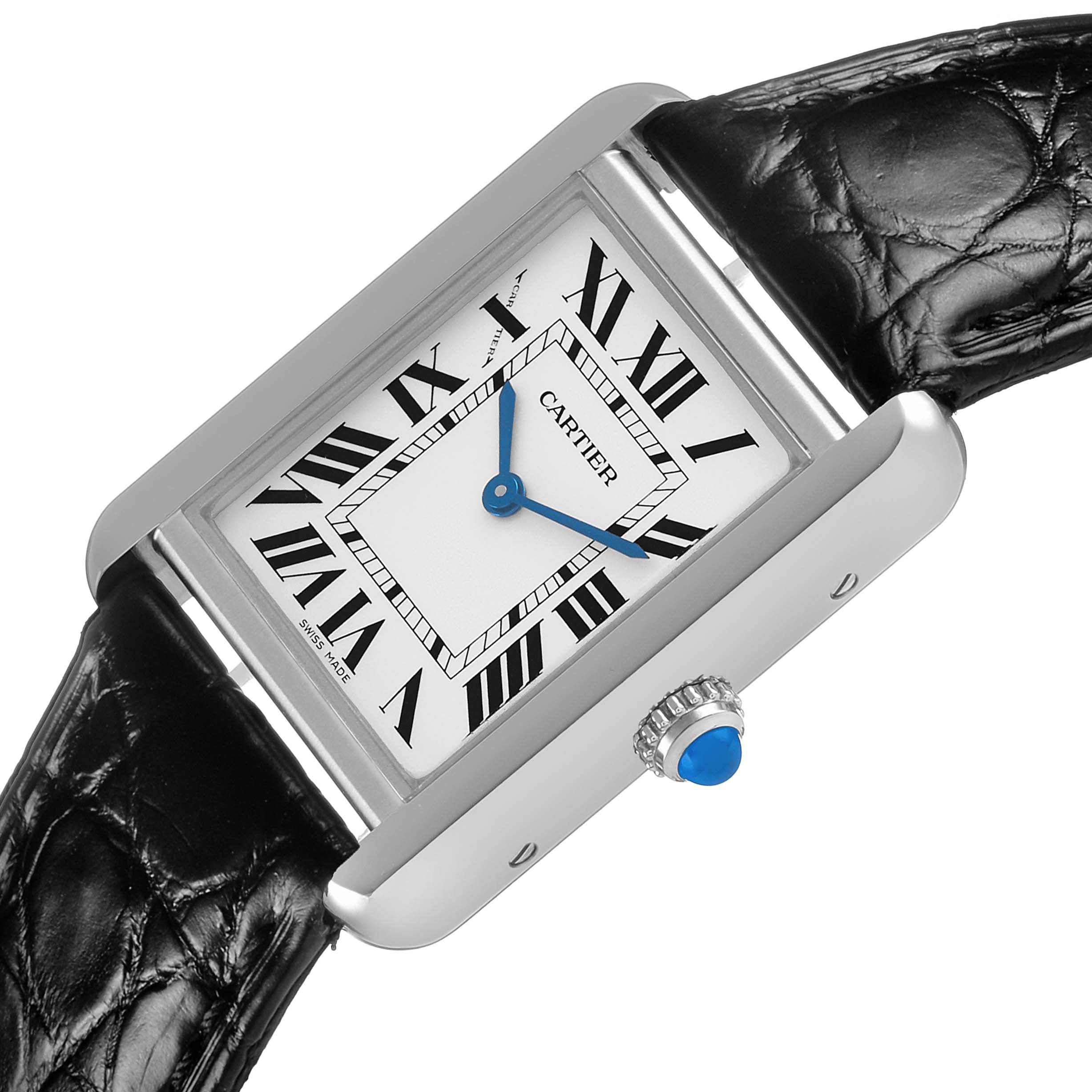 The Cartier Tank Solo WSTA0030 Women's Stainless Steel Silver Dial watch is shown at an angled view highlighting the face, blue hands, Roman numerals, crown, and leather strap.