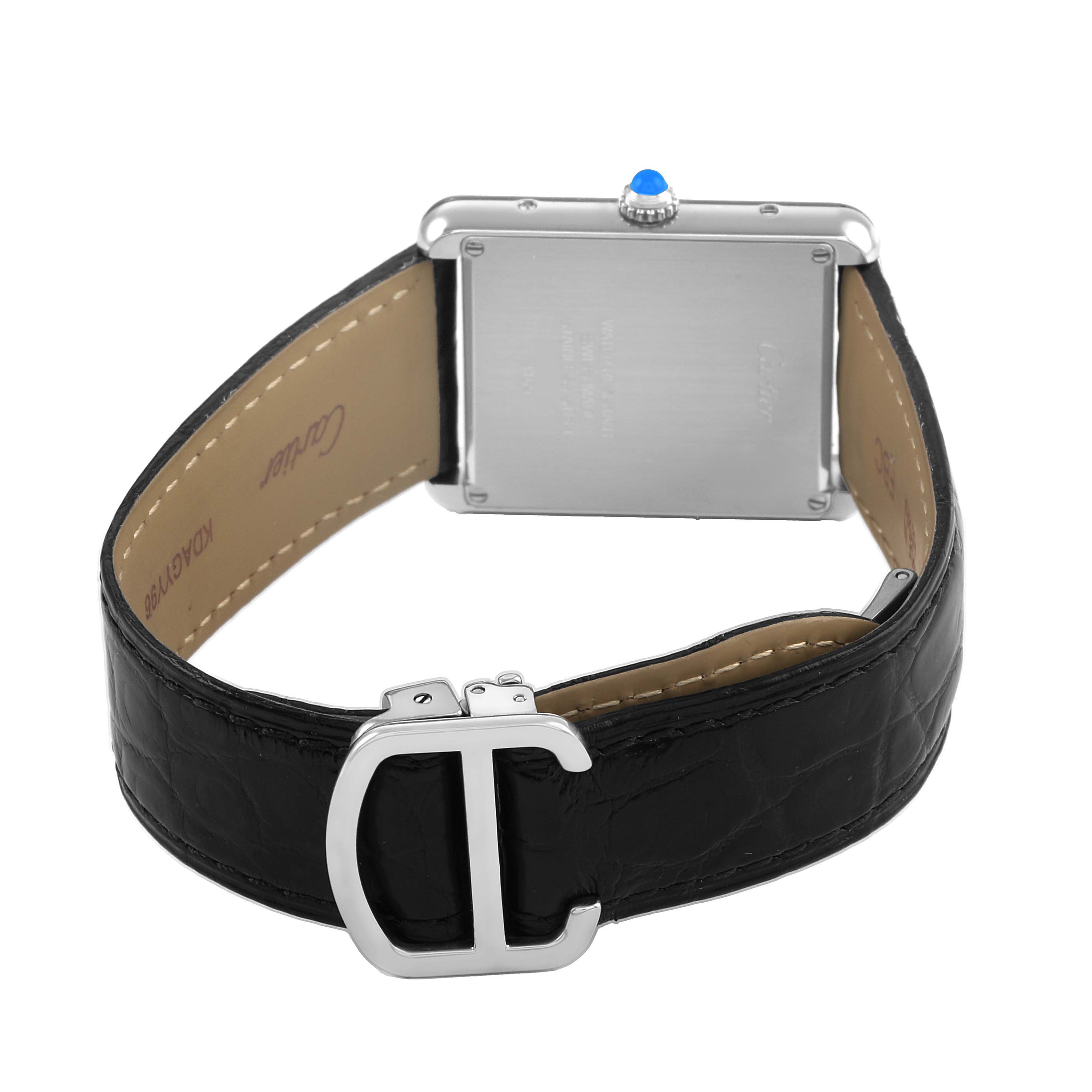 The Cartier Tank Solo W5200003 Men's Stainless Steel Silver Dial watch is shown from the back, displaying the case back, black leather strap, and silver buckle.