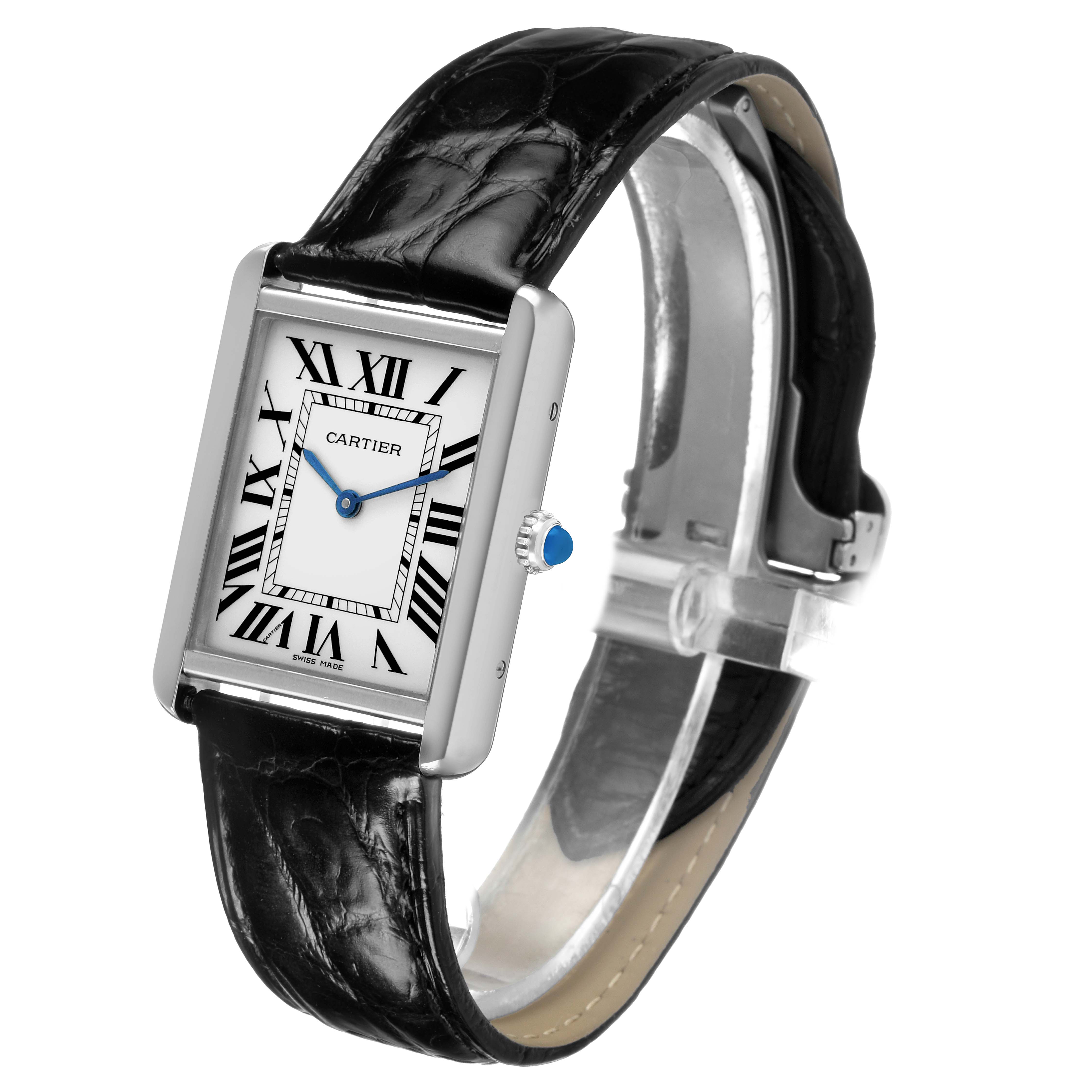 The Cartier Tank Solo W5200003 Men's Stainless Steel Silver Dial is shown at a front angle, displaying its rectangular face, Roman numerals, blue hands, and leather strap.