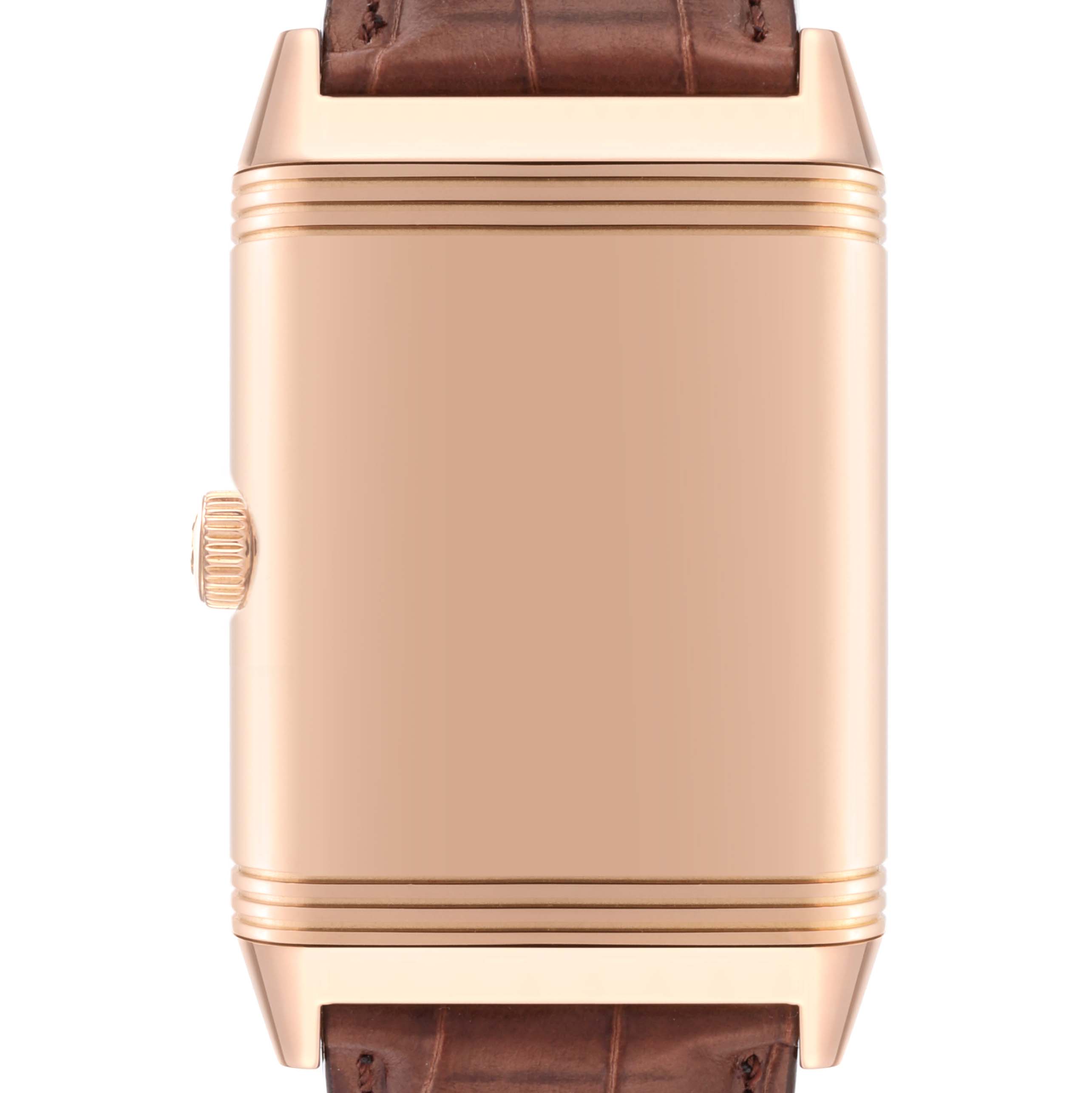 This image shows a front view of the Jaeger LeCoultre Reverso Q3732523 Men's Rose Gold White Dial Q3732523 Men's Rose Gold White Dial model watch, highlighting its case and crown.