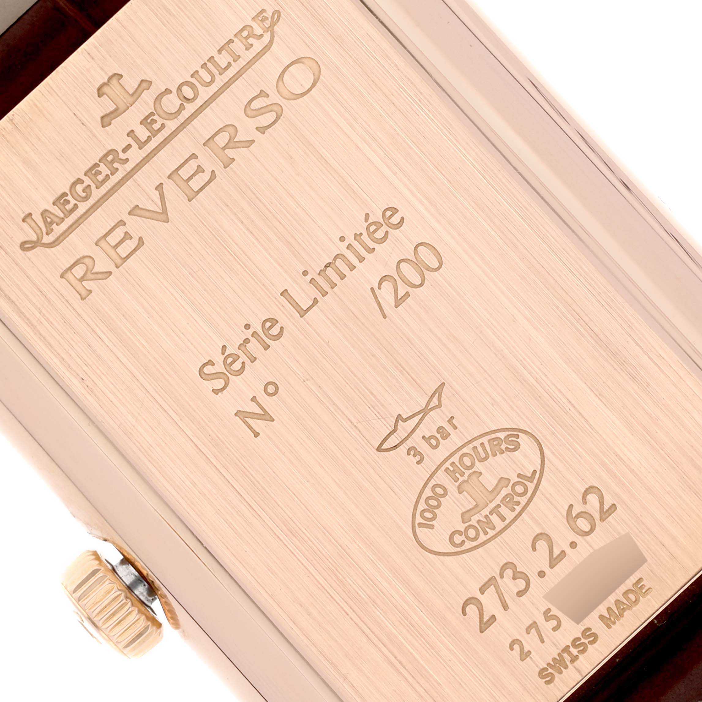 This image shows the back of a Jaeger-LeCoultre Reverso watch, displaying limited edition engravings and other details.
