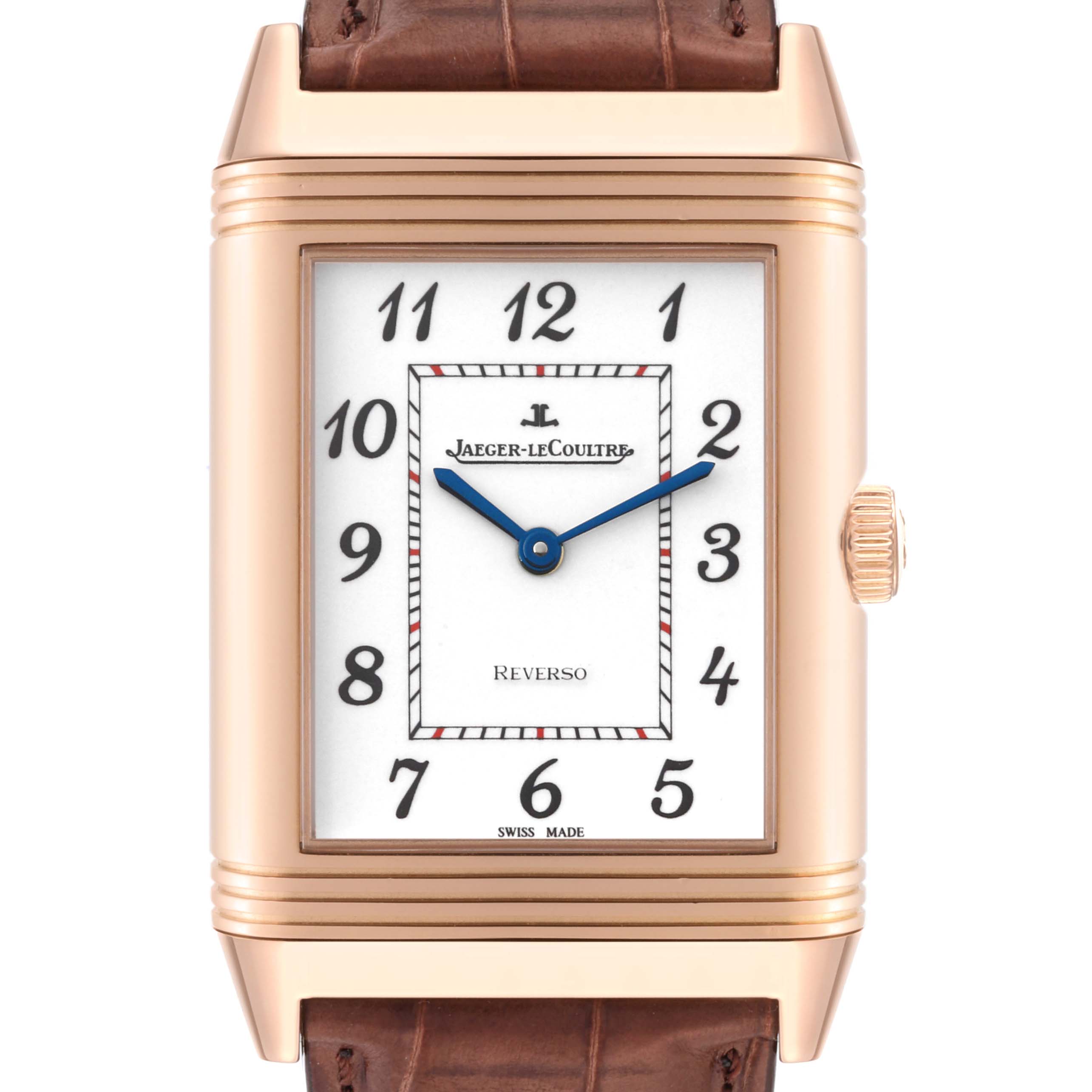 This image shows a front view of a Jaeger LeCoultre Reverso Q3732523 Men's Rose Gold White Dial Q3732523 Men's Rose Gold White Dial watch, highlighting the dial, hands, and leather strap.
