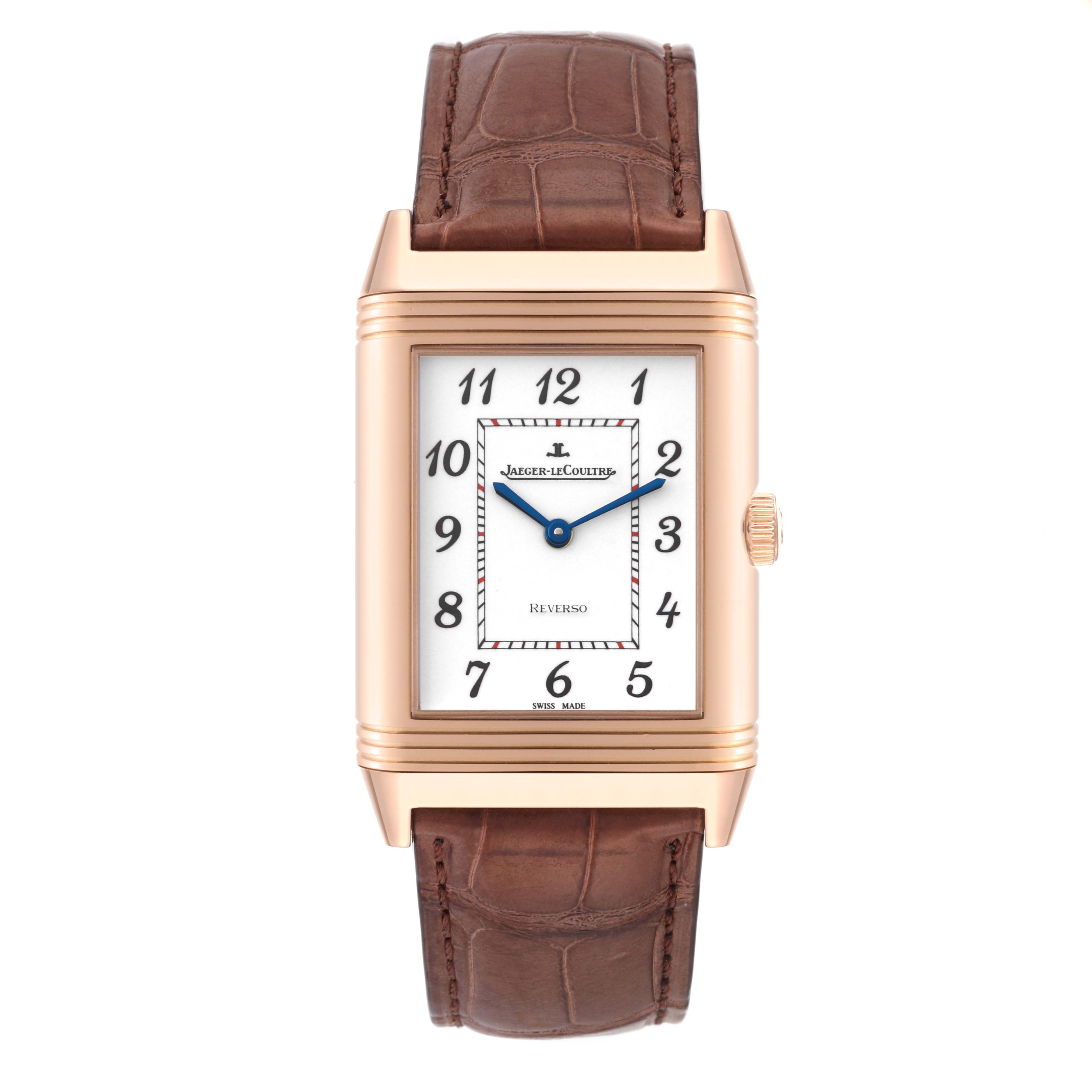 The Jaeger LeCoultre Reverso Q3732523 Men's Rose Gold White Dial Q3732523 Men's Rose Gold White Dial watch is shown from the front, featuring its rectangular dial, case, and brown leather strap.