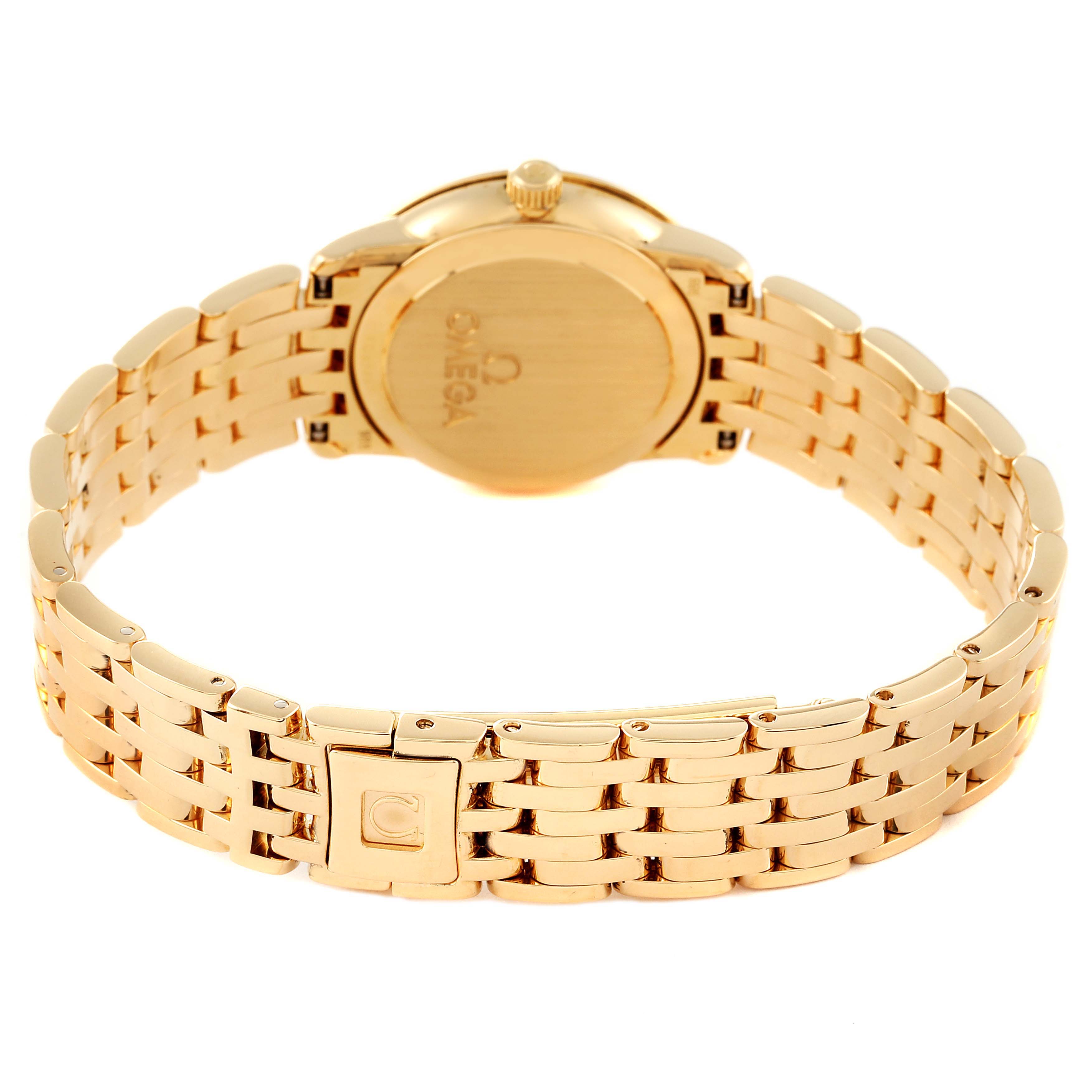 The image shows the back view of the Omega 413.55.27.60.55.001 Women's Yellow Gold Mother of Pearl Dial 413.55.27.60.55.001 Women's Yellow Gold Mother of Pearl Dial DeVille Prestige Yellow Gold Diamond Ladies Watch 413.55.27.60.55.001 and its bracelet.