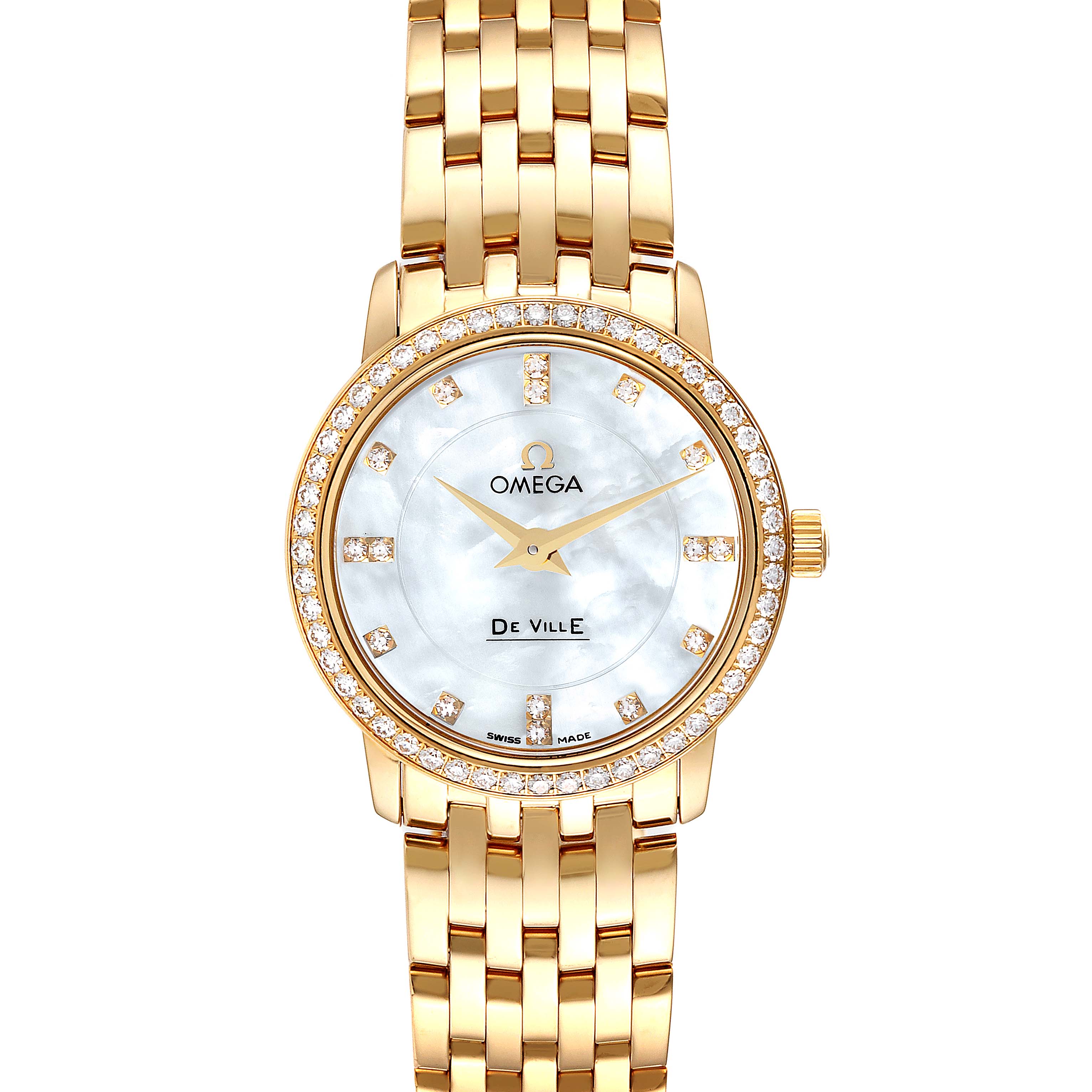 The image shows a front view of the Omega 413.55.27.60.55.001 Women's Yellow Gold Mother of Pearl Dial 413.55.27.60.55.001 Women's Yellow Gold Mother of Pearl Dial DeVille Prestige Yellow Gold Diamond Ladies Watch 413.55.27.60.55.001, highlighting the face, bezel, and bracelet.