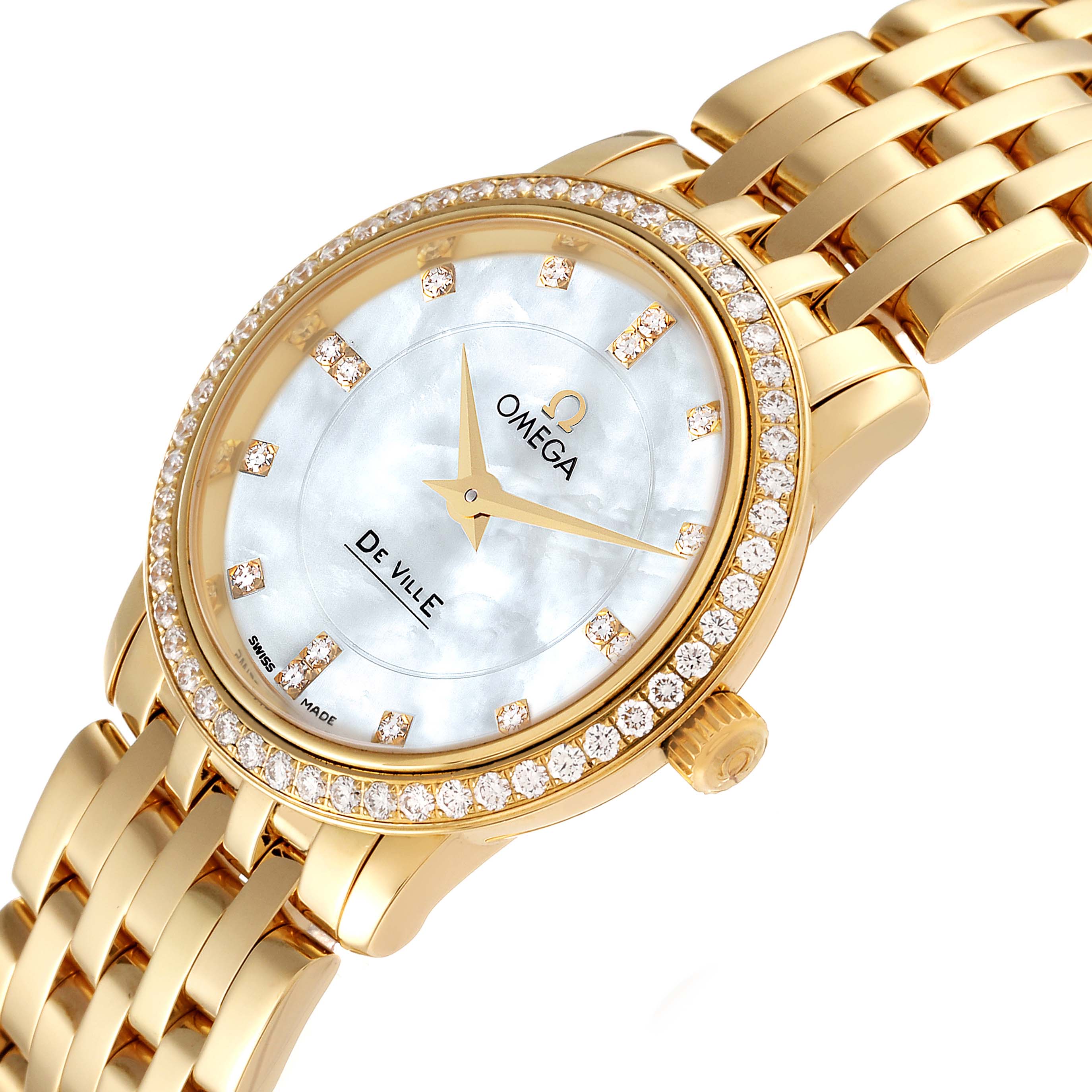 The Omega 413.55.27.60.55.001 Women's Yellow Gold Mother of Pearl Dial 413.55.27.60.55.001 Women's Yellow Gold Mother of Pearl Dial DeVille Prestige Yellow Gold Diamond Ladies Watch 413.55.27.60.55.001 is shown at an angled close-up, highlighting the dial and bracelet.